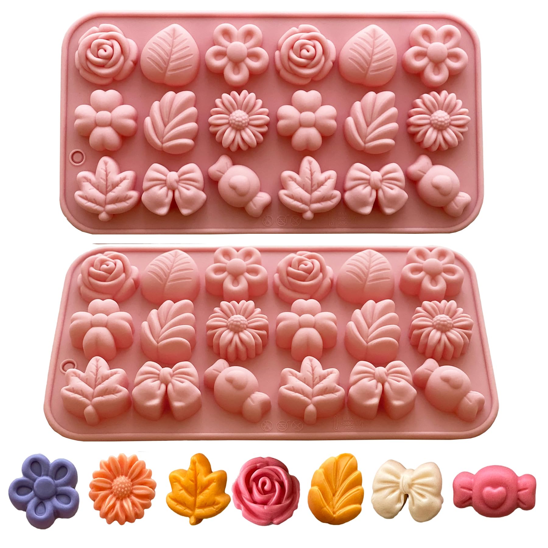 Flower Candy Molds Silicone 2PCS Daisy Flower Chocolate Molds Tulip Flower Mold Bow Tie Leaf Jello Molds Ice Mold Pudding Molds 
