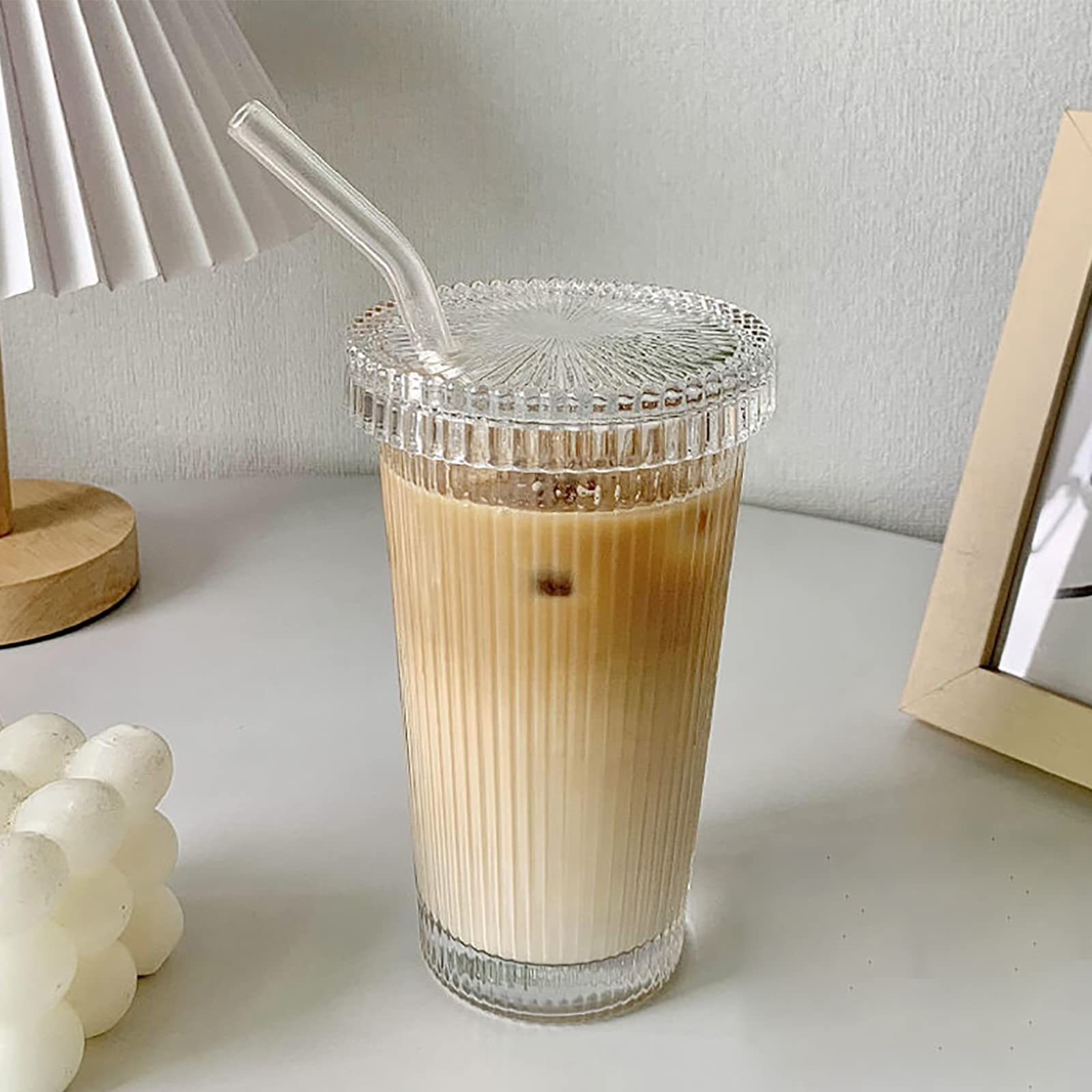 Yahuipeius Glass Tumbler Stripe Glass Cup Coffee Cup With Lid And Straw Lids Don'T Secure 12.5 Oz Drinking Glasses For Water,Ice