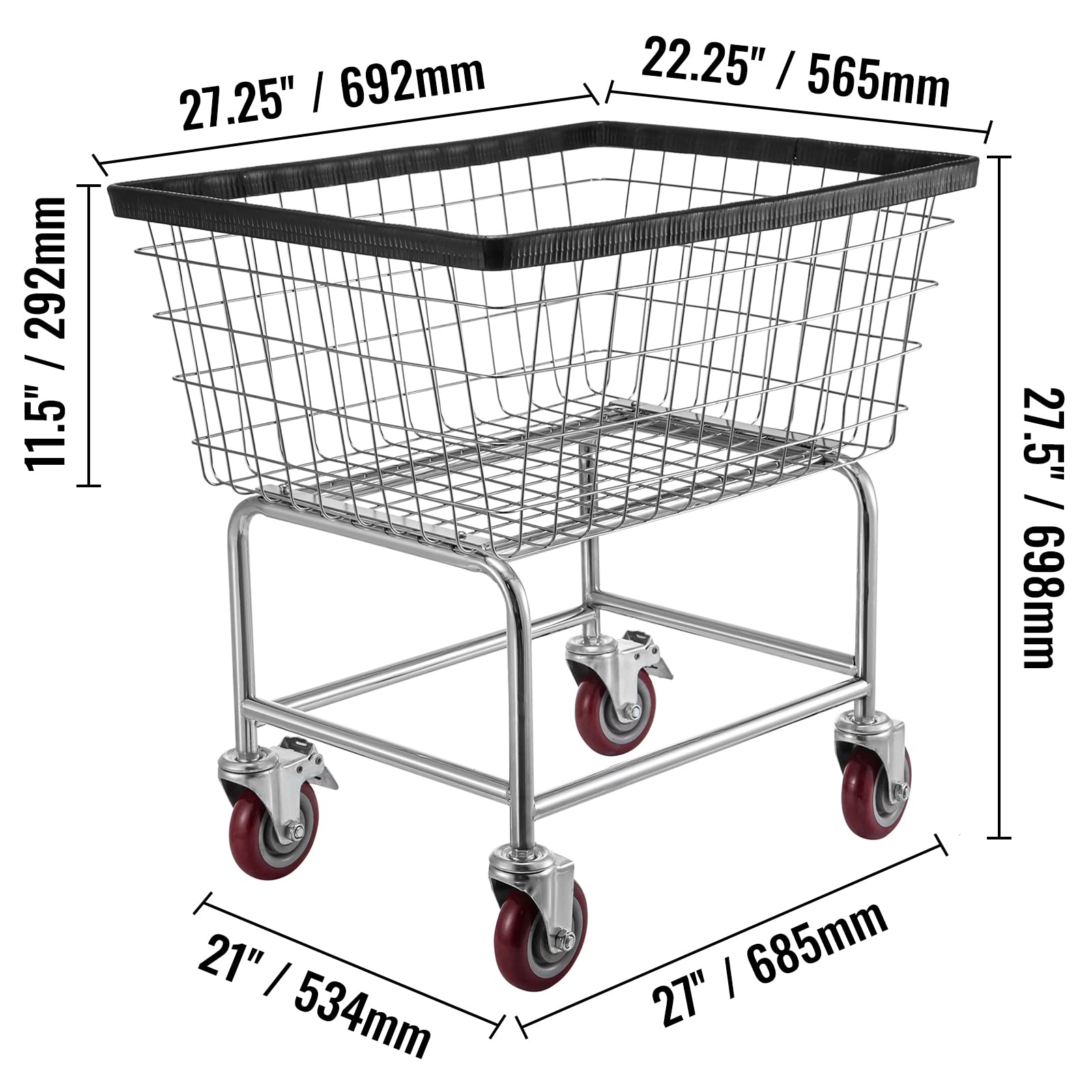 Vevor Wire Laundry Cart, 2.5 Bushel Wire Laundry Basket With Wheels, 20''X15.7''X26'' Commercial Wire Laundry Basket Cart, Steel