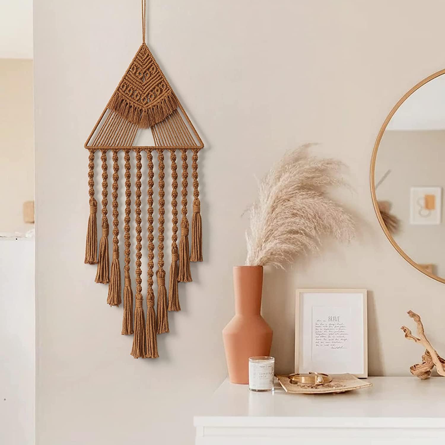 Kaahira Cotton Handmade Macrame Boho Wall Hanging Dream Catcher Triangle Tassel | Bohemian Wall Art Home Decor - Brown