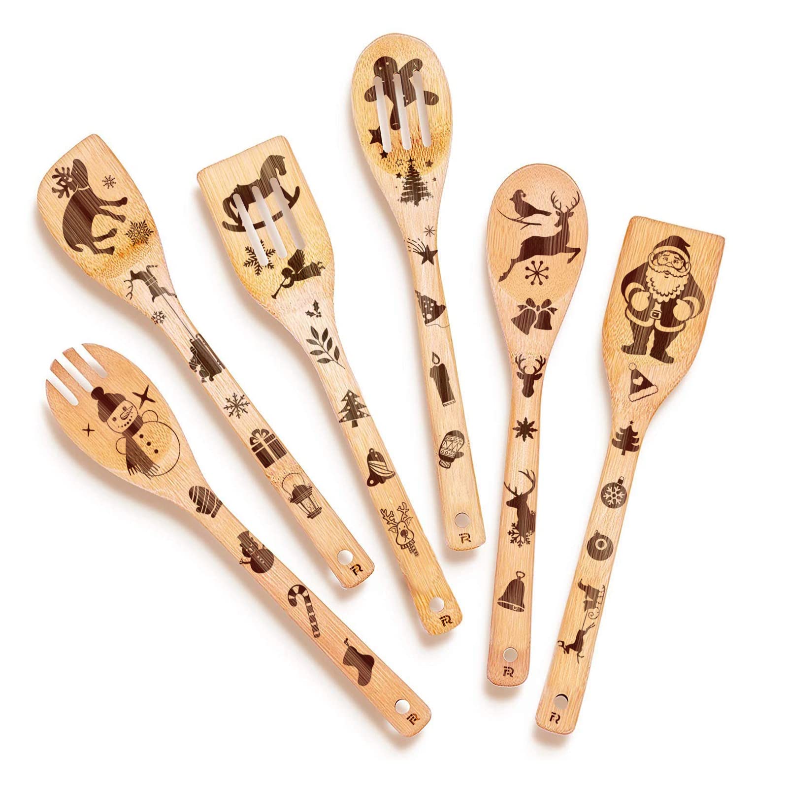 Riveira 6-Piece Wooden Spoons For Cooking & Serving - Christmas Gifts For Women Who Have Everything - Christmas Kitchen Utensils