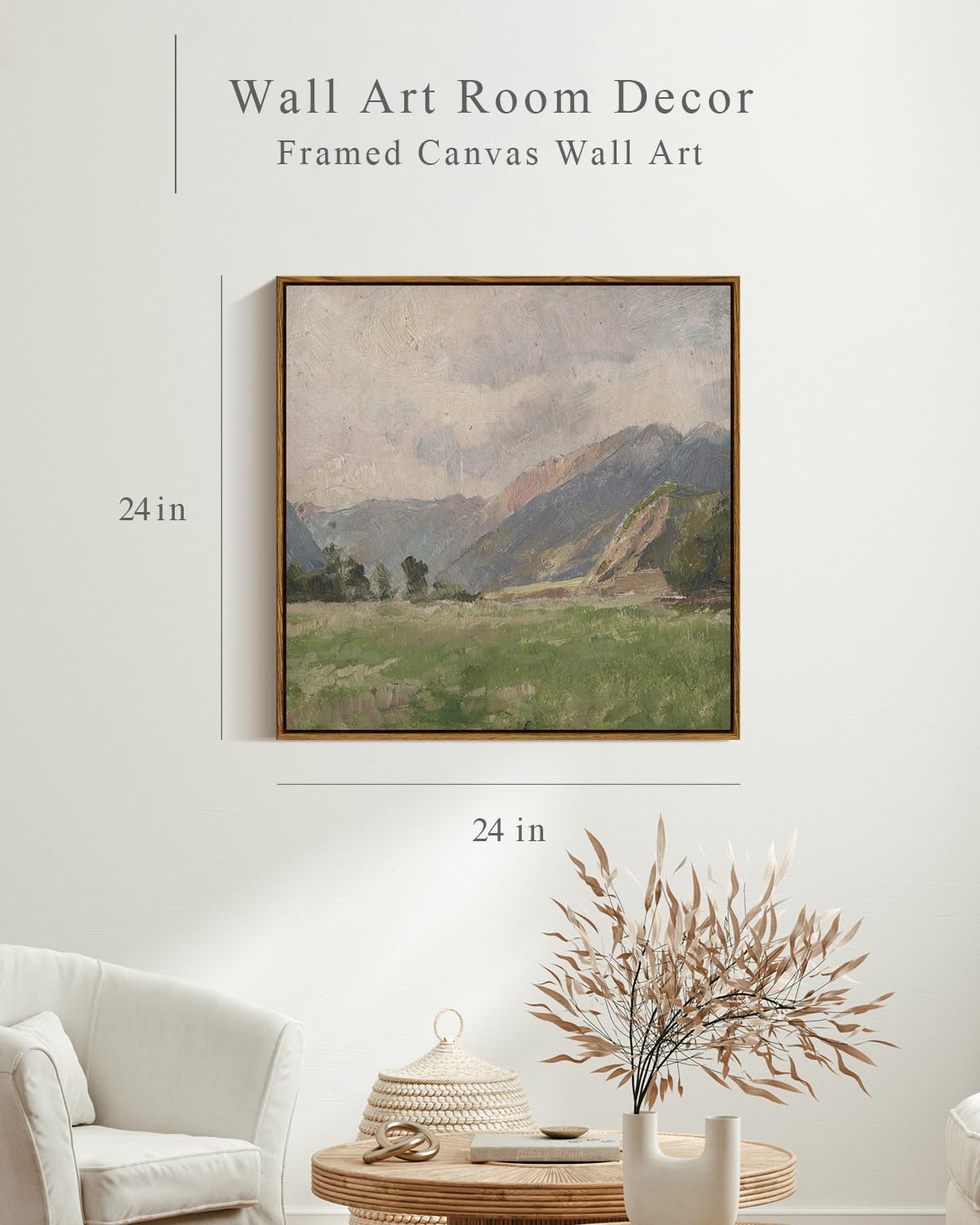 Insimsea Square Framed Canvas Wall Art, Large Decor Retro Prairie Mountain Landscape Paintings, Nature Scenery Wall Pictures For