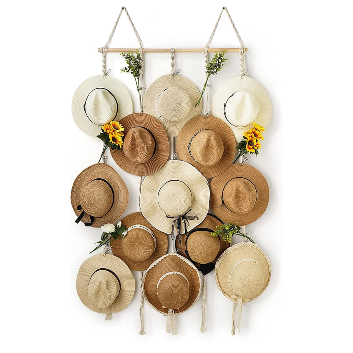 Hydermus Hat Rack For Wall 31X53 In Hat Organizer With 15 Clips Hanging Macrame Hat Hangers For Wide Brimmed Hat Display Women H