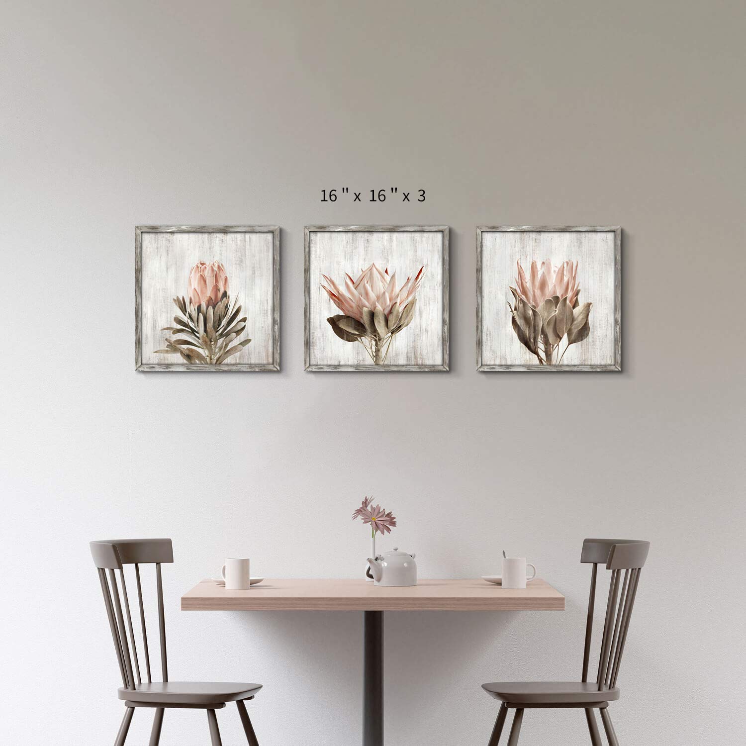 Pink Floral Wall Art Picture: Blossom Protea Flower Artwork Print On Rustic Wood Framed For Home Decor (16    X 16    X 3 Panels