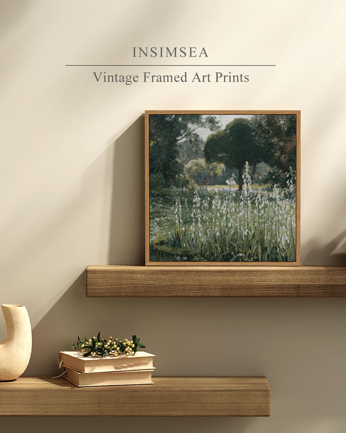 Insimsea Square Framed Canvas Wall Art, Meadow Prints Classical Landscape Floral Flowers Oil Painting, Scenery Home Wall Decor F
