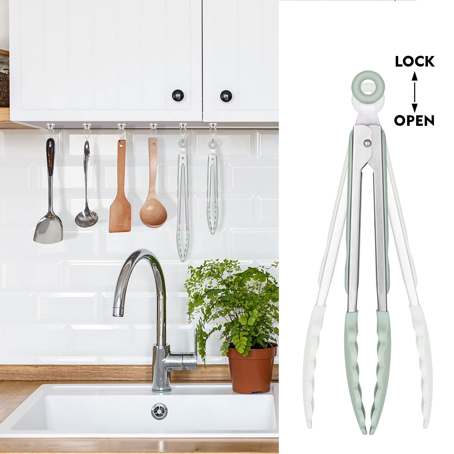Hotec Premium Stainless Steel Locking Kitchen Tongs with Silicon Tips  Set of 2-9'' and 12'' Light Green