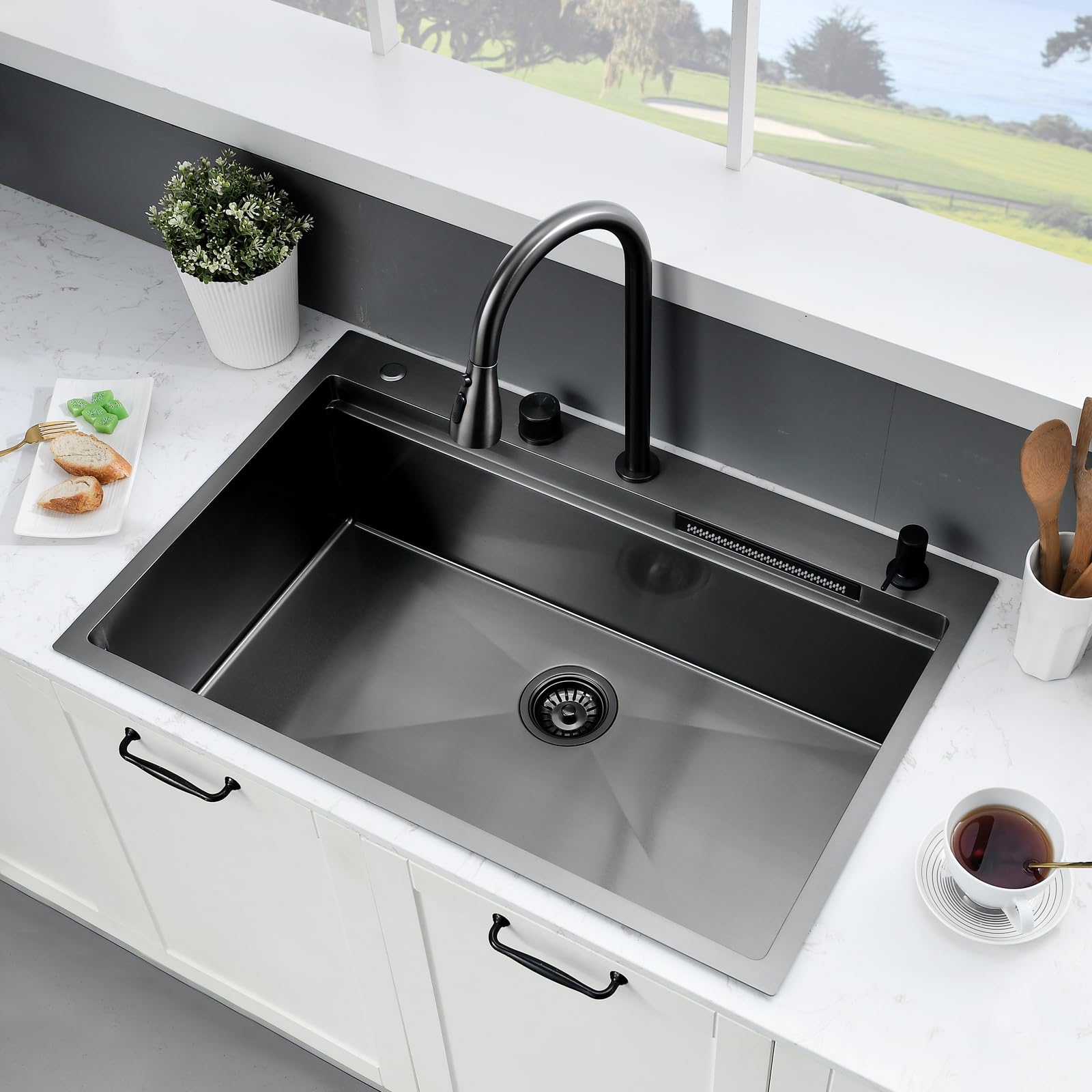 33 Inch Black Drop In Waterfall Kitchen Sink-Somrxo 33 X 22 Kitchen Sink With Waterfall Workstation Sink 16 Gauge Black Stainles