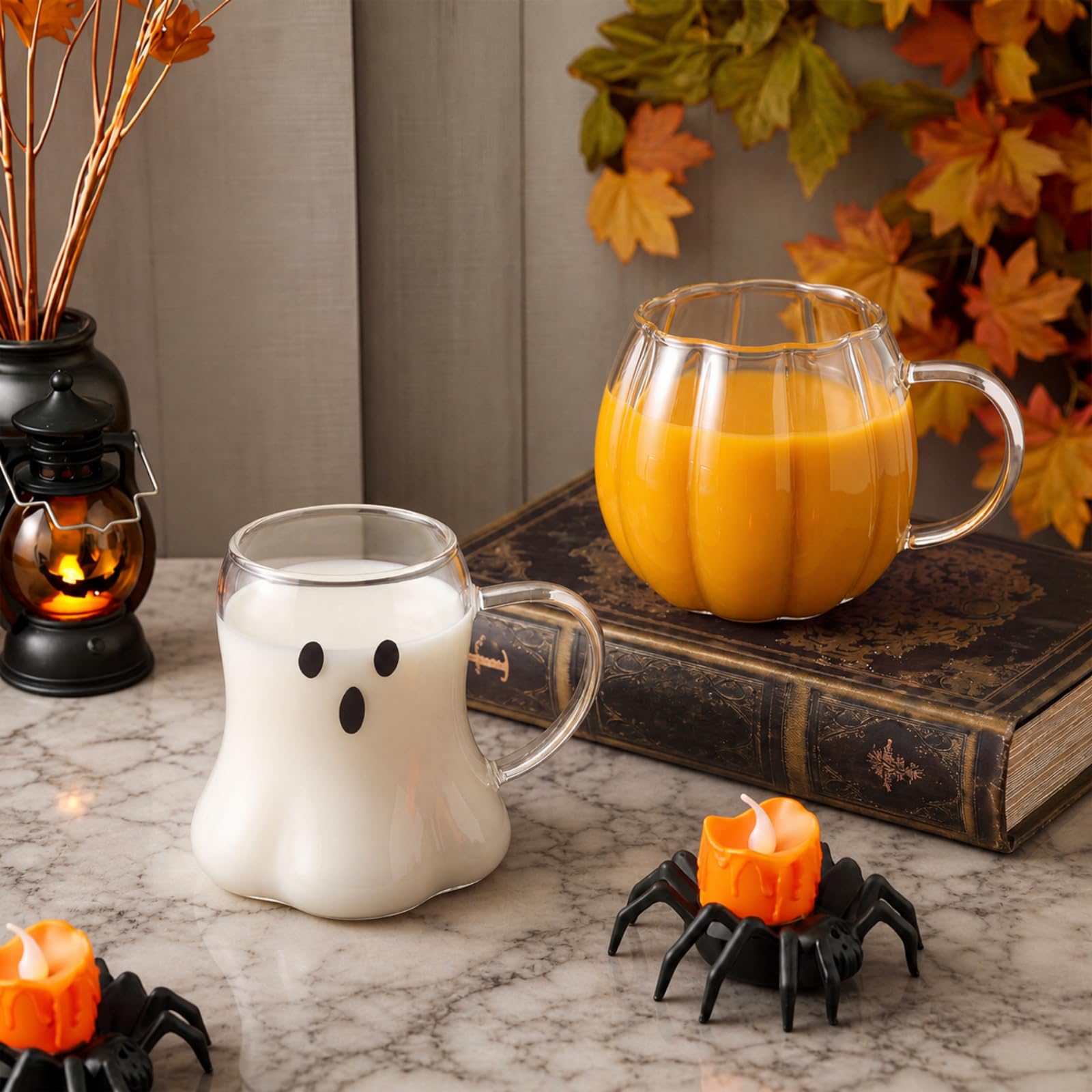 Teecyhooo 2 Pcs Halloween Pumpkin Ghost Cups 12Oz Clear Glass Coffee Cups