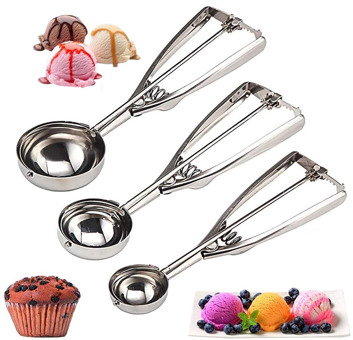 Cookie Scoop Set 3 Pcs, With Trigger Large-Medium-Small Size For Kitchen Family Ice Cream Cookie Cupcake Muffin Meatbal Multipur