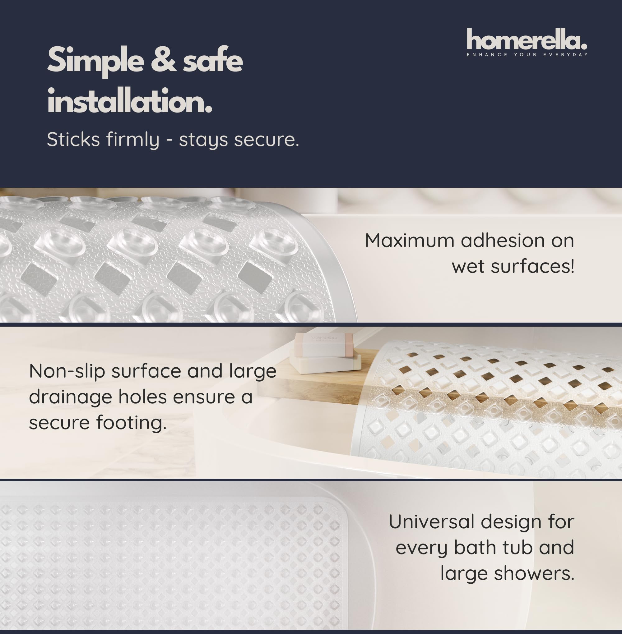 Homerella Bathtub Mat Anti-Slip Skin Sensitive 34.5 x 15.5 inches  INCL. Hooks for Hanging | Anti-Slip Tub Mat | Shower Mat Machine Washable | Bath Mat for Tub Anti-Slip (Clear)