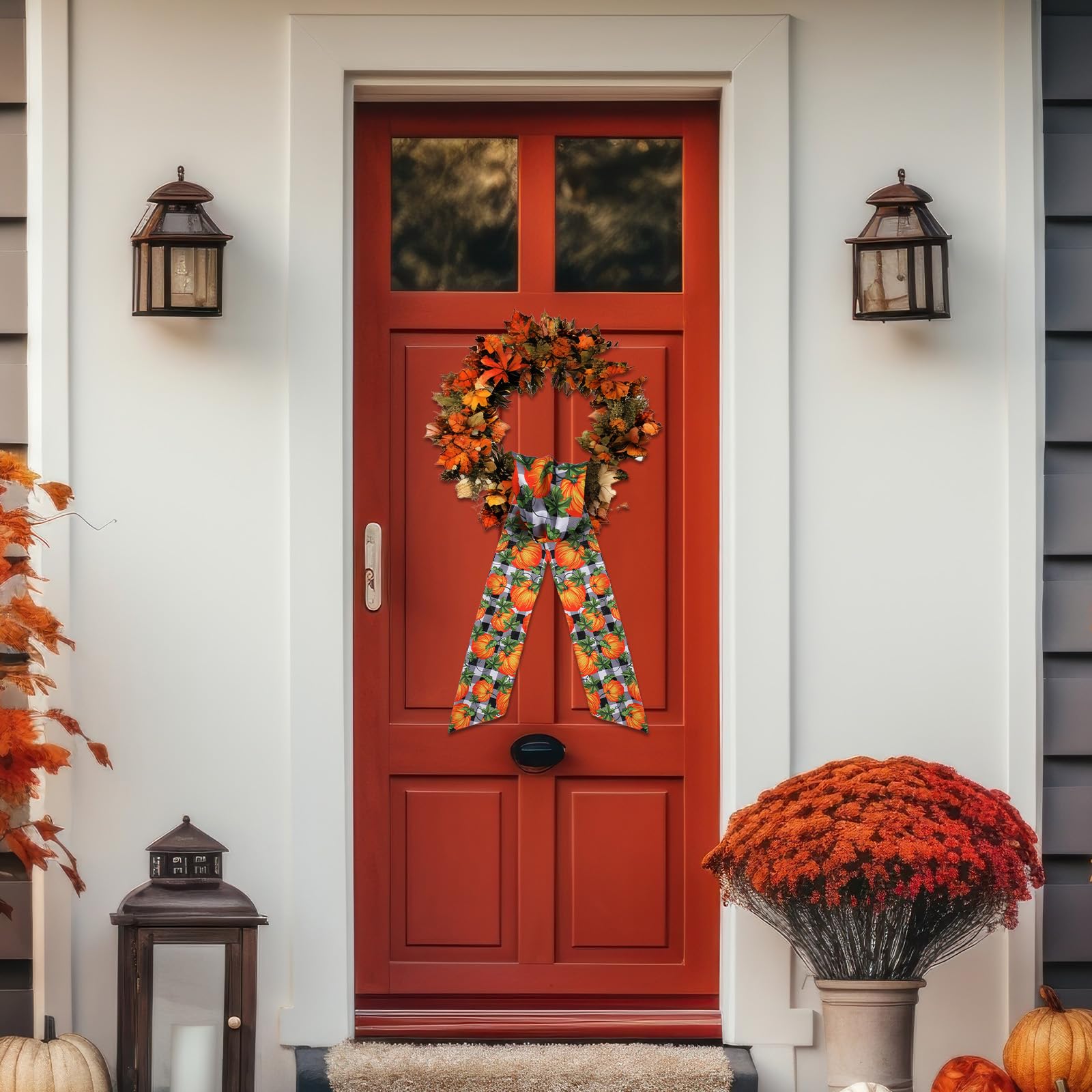 Pumpkin Wreath Sash for Front Door - 2 Pcs Orange Fall Sashes for Wreaths Autumn Home Decor, 60 Inch Black White Plaid Wreath Sa