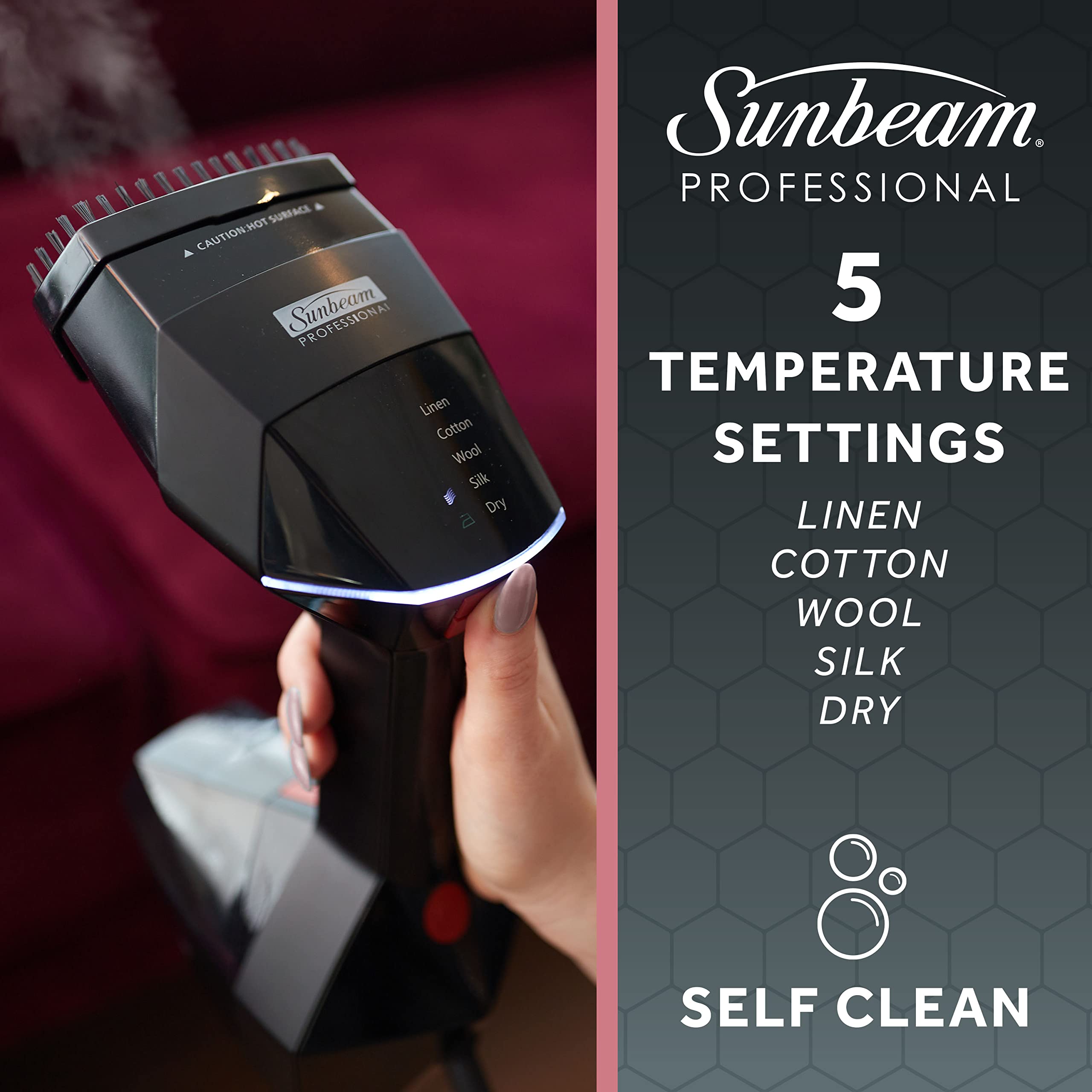Sunbeam Professional 1575W Handheld Steamer for Clothes  Variable Temperature Control  25-Second Fast Heat-Up  Bristle Brush  Delicate Fabric Attachment  Black and Red Finish