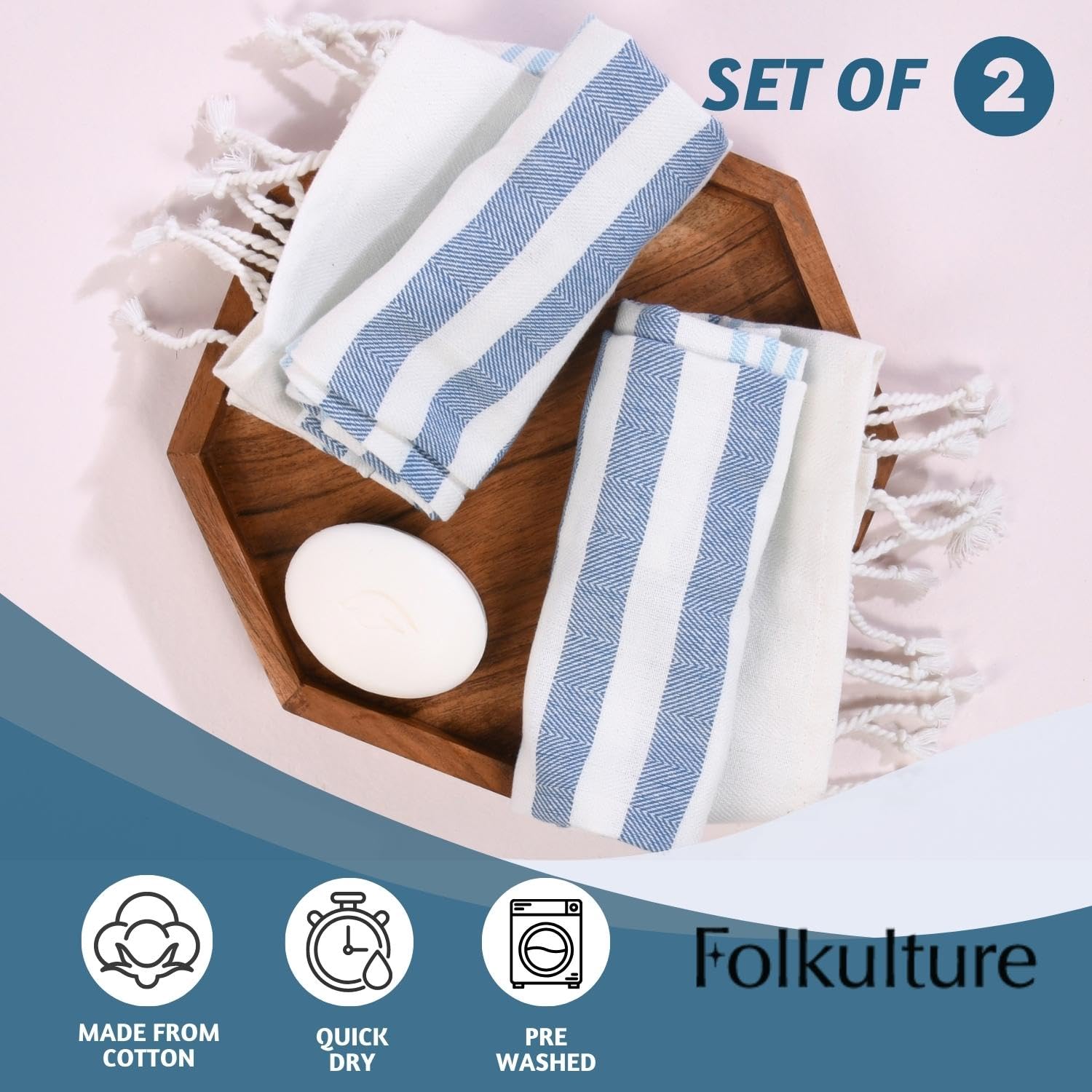 Folkulture Hand Towels For Bathroom, Set Of 2 Decorative Hand Towels With Hanging Loop, 100% Cotton Turkish Hand Towels Set Or B