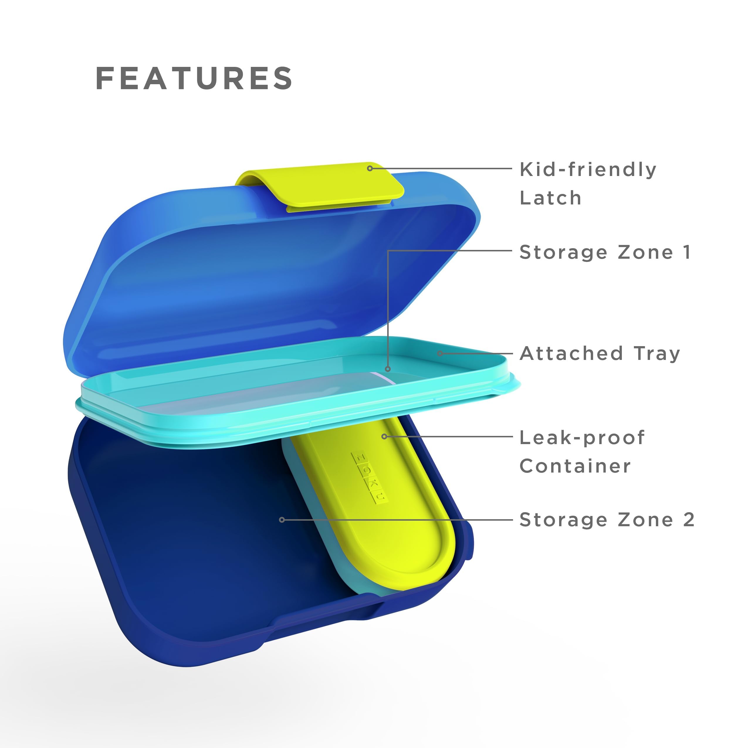 Zoku - Mini Bento Box For Kids, Stackable, Lightweight, Leakproof, For Children, Kid Friendly Latch, Easy To Clean (Bento Jr) (B