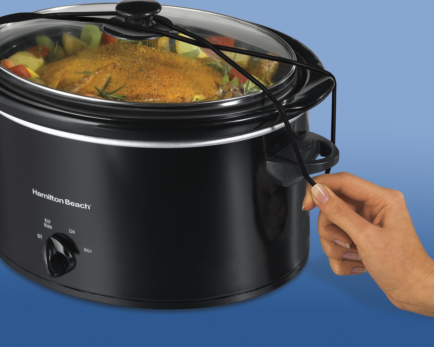 Hamilton Beach 5-Quart Portable Slow Cooker, Black, Model 33256, Dishwasher-Safe Stoneware, Lid Latch Strap for Easy Transport