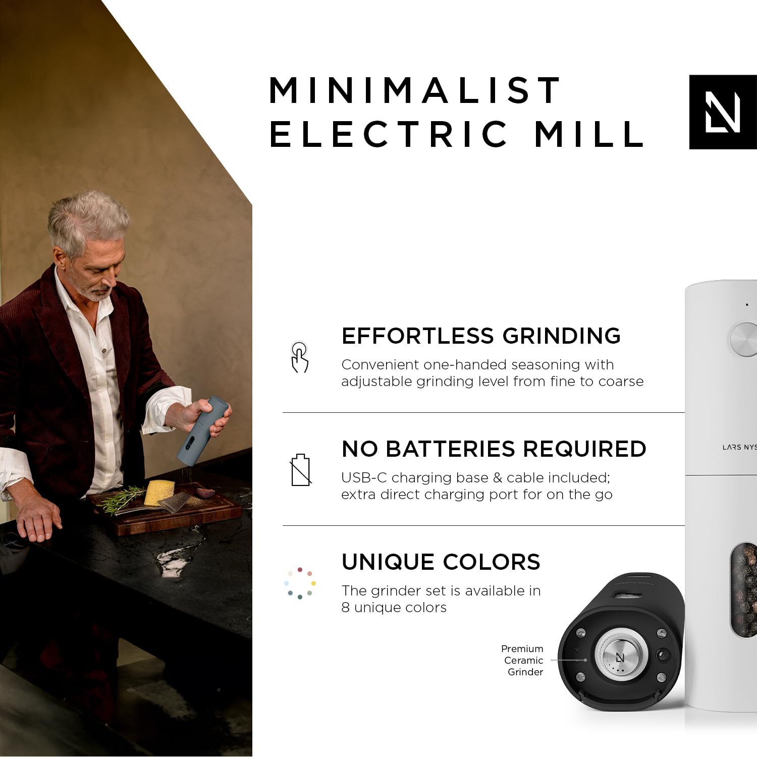 Lars Nysm Electric Salt And Pepper Grinder Set I Automatic Salt And Pepper Mills With Adjustable Ceramic Grinder I Usb Rechargea