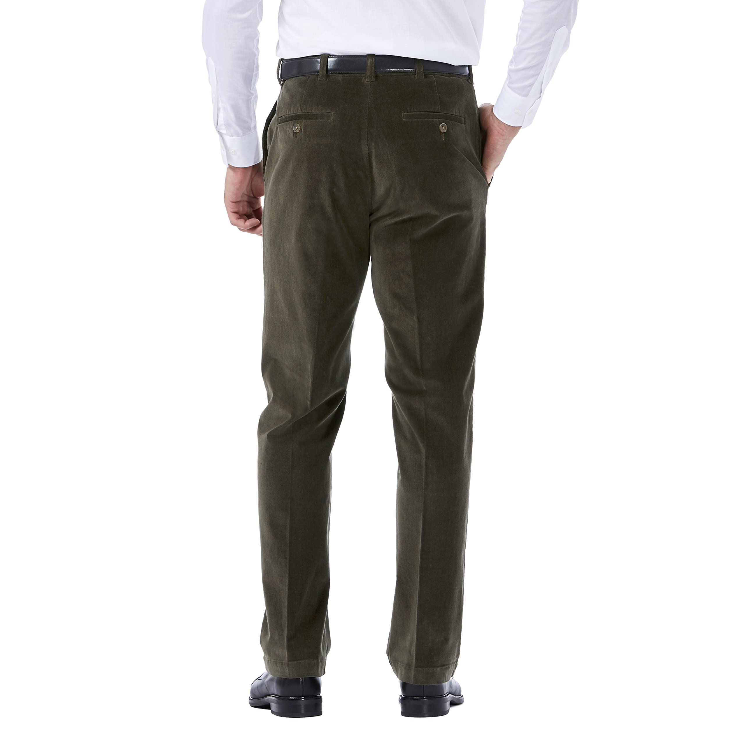 Haggar Mens Stretch Corduroy Expandable Waist Classic Fit Flat Front Casual Pants, Military Green, 36W X 31L Us
