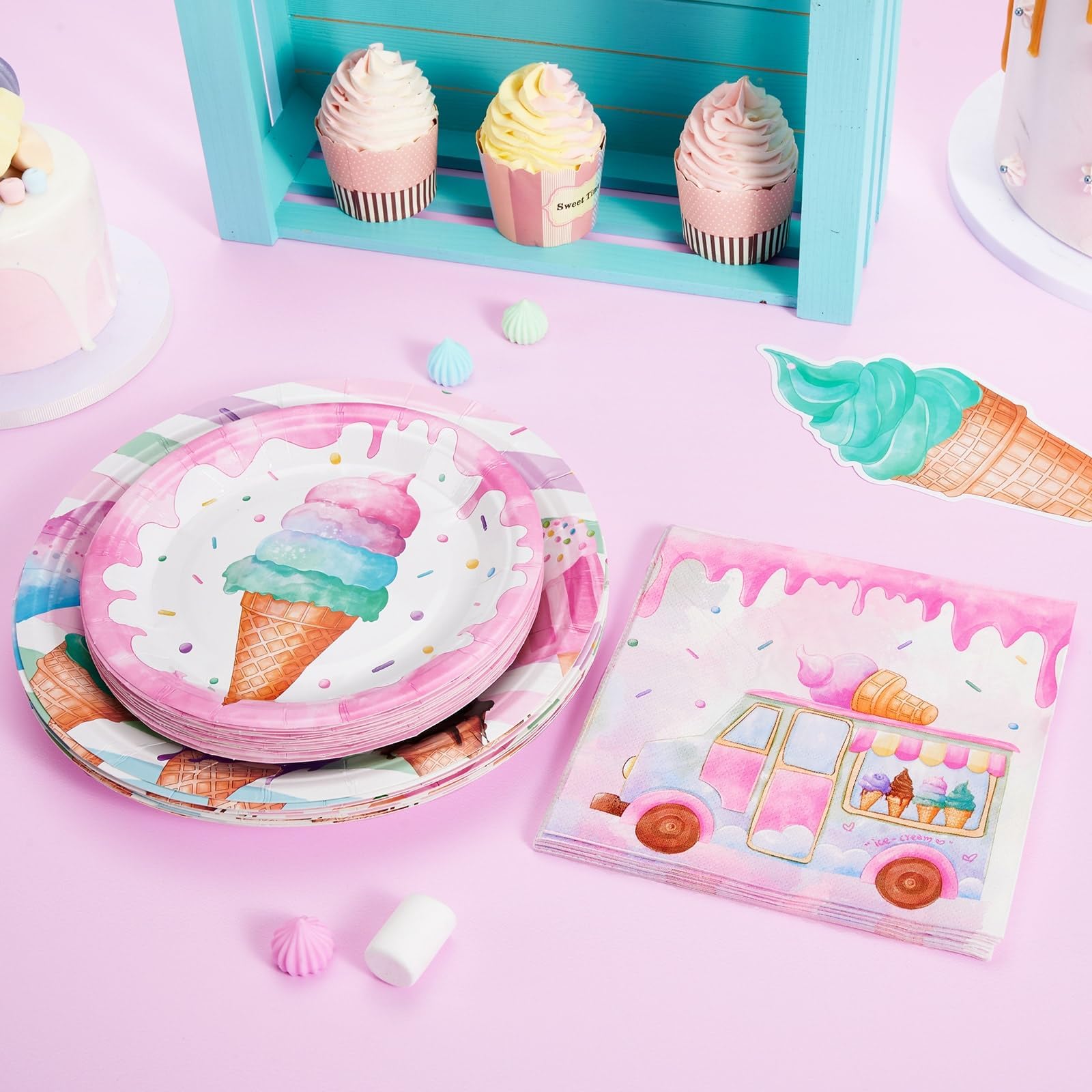 Wernnsai Ice Cream Party Supplies - 48Pcs Ice Cream Party Plates And Napkins Set For Girls Birthday Baby Shower Pink Disposable