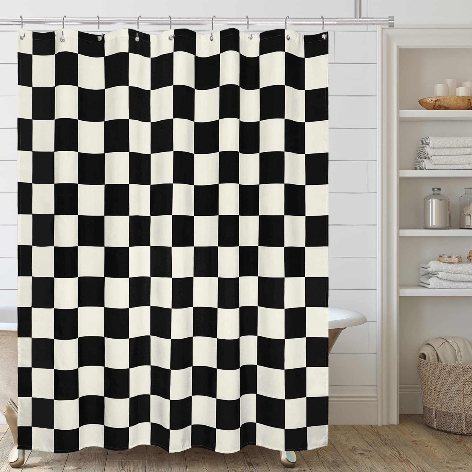 Tititex Aesthetic Checkerboard Grid Pattern Shower Curtain, Beige Black Modern Shower Curtain Sets Decoration 71X71 Inch With Ho