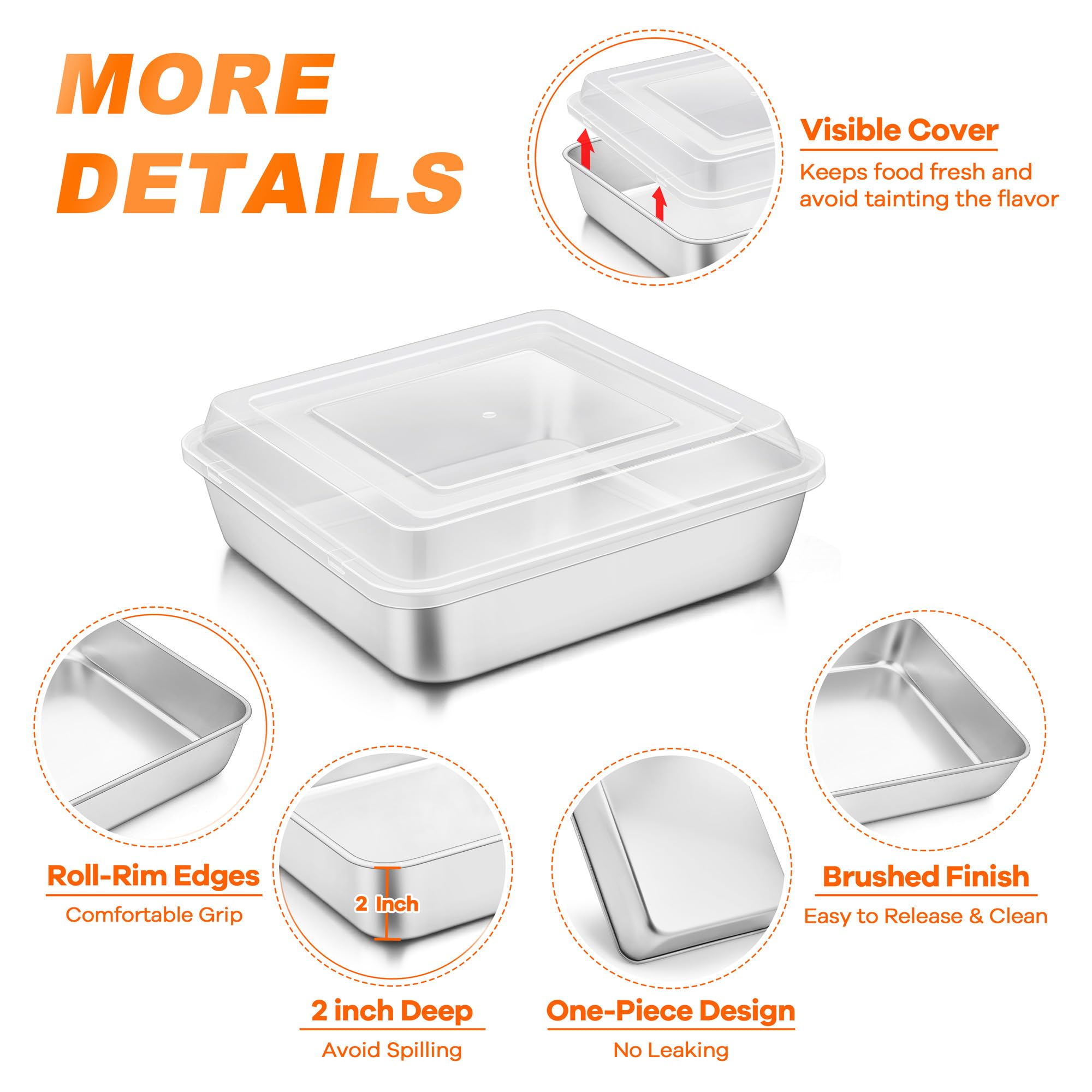 Teamfar 9 X 9 Inch Square Cake Pan, Stainless Steel Square Baking Pan With Lid For Brownie Lasagna, Non-Toxic & Heavy Duty, One