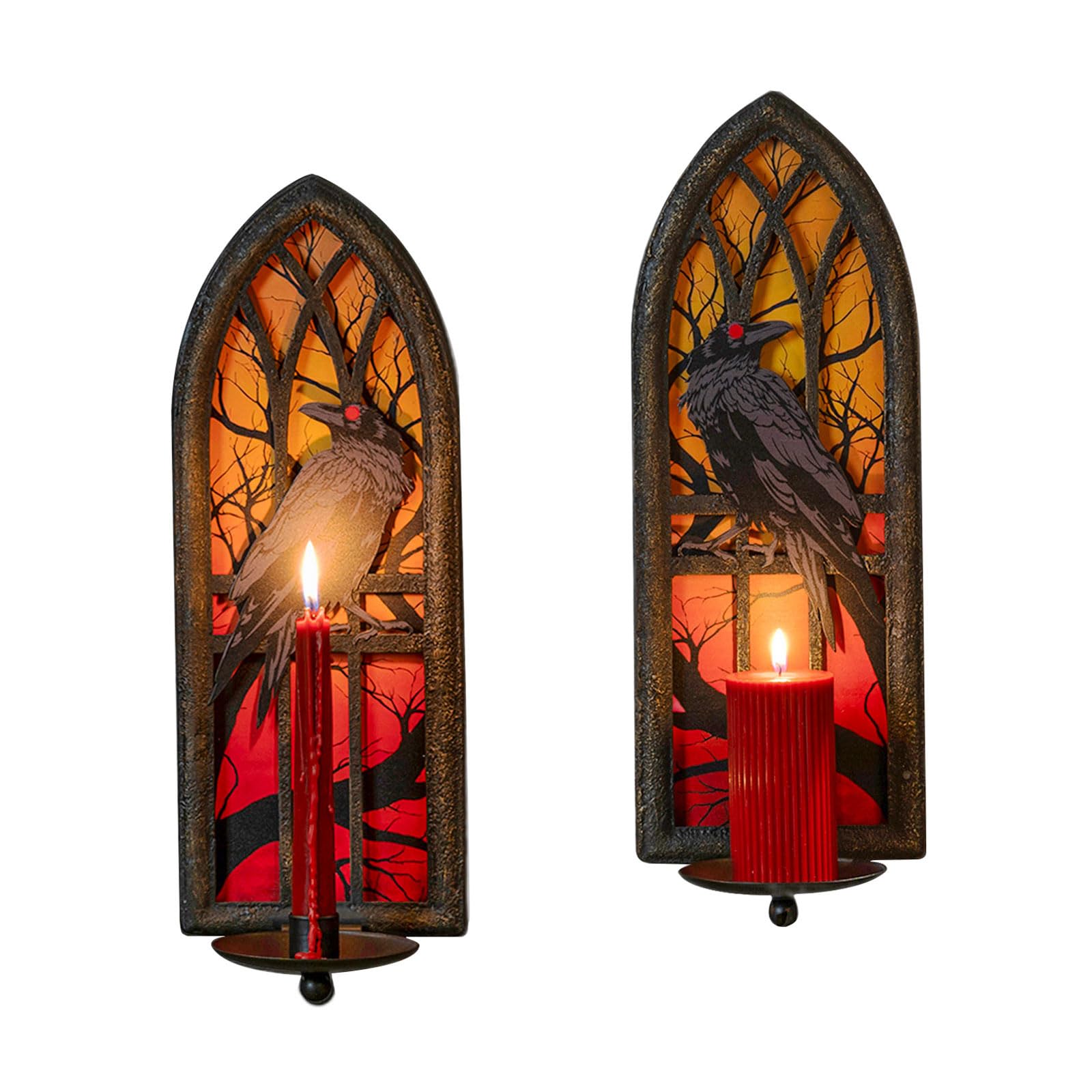 AimtoHome Gothic Wall Candle Sconces Set of 2, Wrought Iron Crow Wall Mounted Candelabra Holder with Removable Trays for Taper &