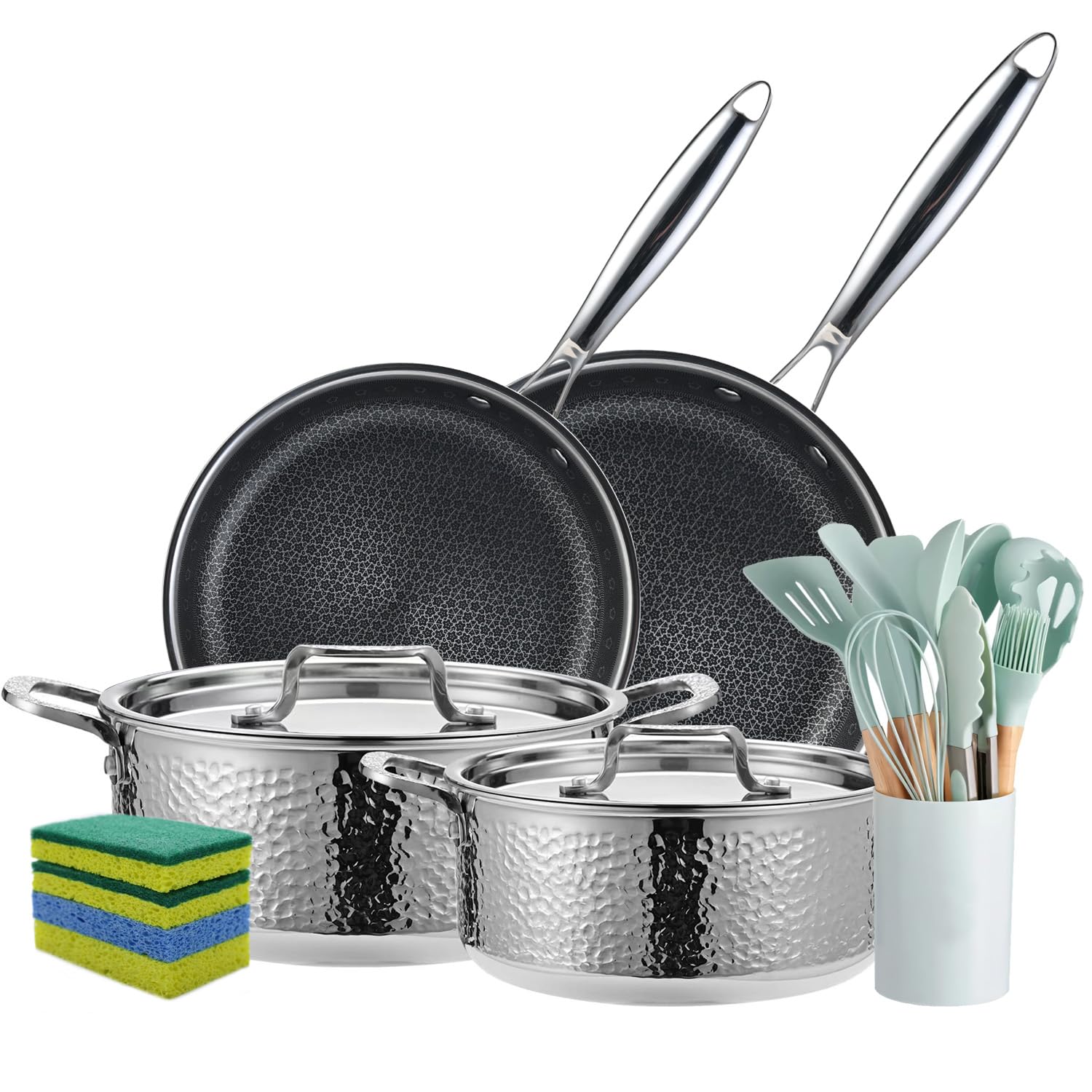 Vivicreate 20 Piece TriPly Stainless Steel Cookware Set, Hammered Pots and Pans Set with 2 Nonstick Frying Pans and Pots with L