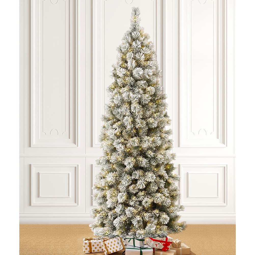Glitzhome 7.5ft Prelit Christmas Tree, Artificial Christmas Tree with 350 Warm White Lights, Flocked Pencil Christmas Tree and F