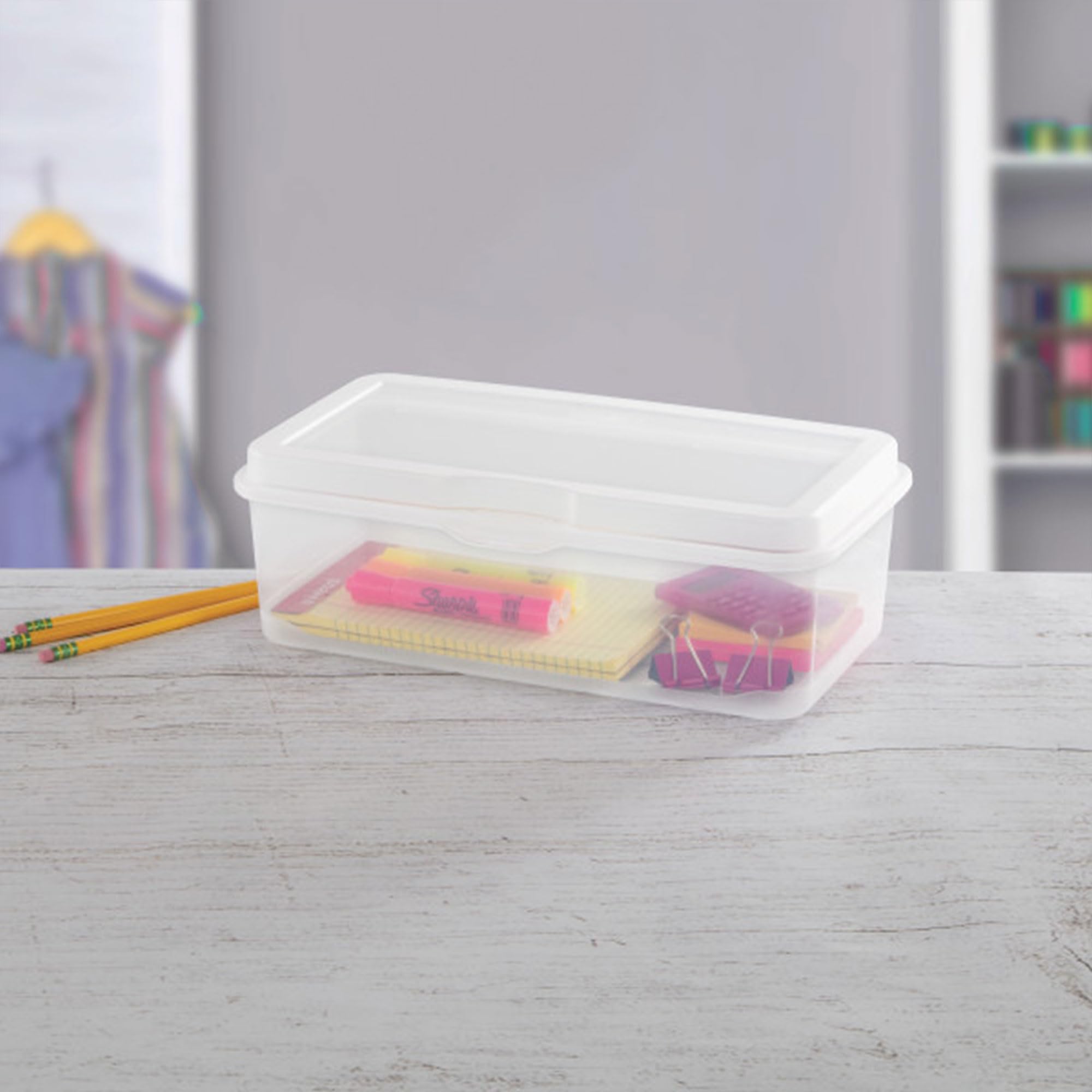 Sterilite Large Fliptop Stackable Small Storage Bin With Hinging Lid, Plastic Container To Organize Desk At Home, Classroom, Off