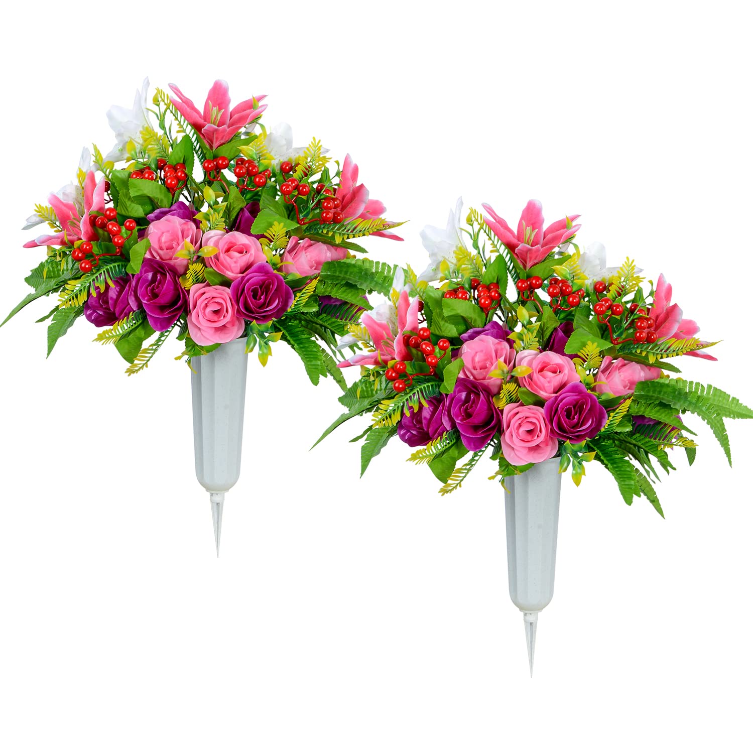 XONOR Artificial Cemetery Flowers with Vase, Set of 2 Artificial Rose Lily Bouquet Graveyard Memorial Flowers for Cemetery Heads