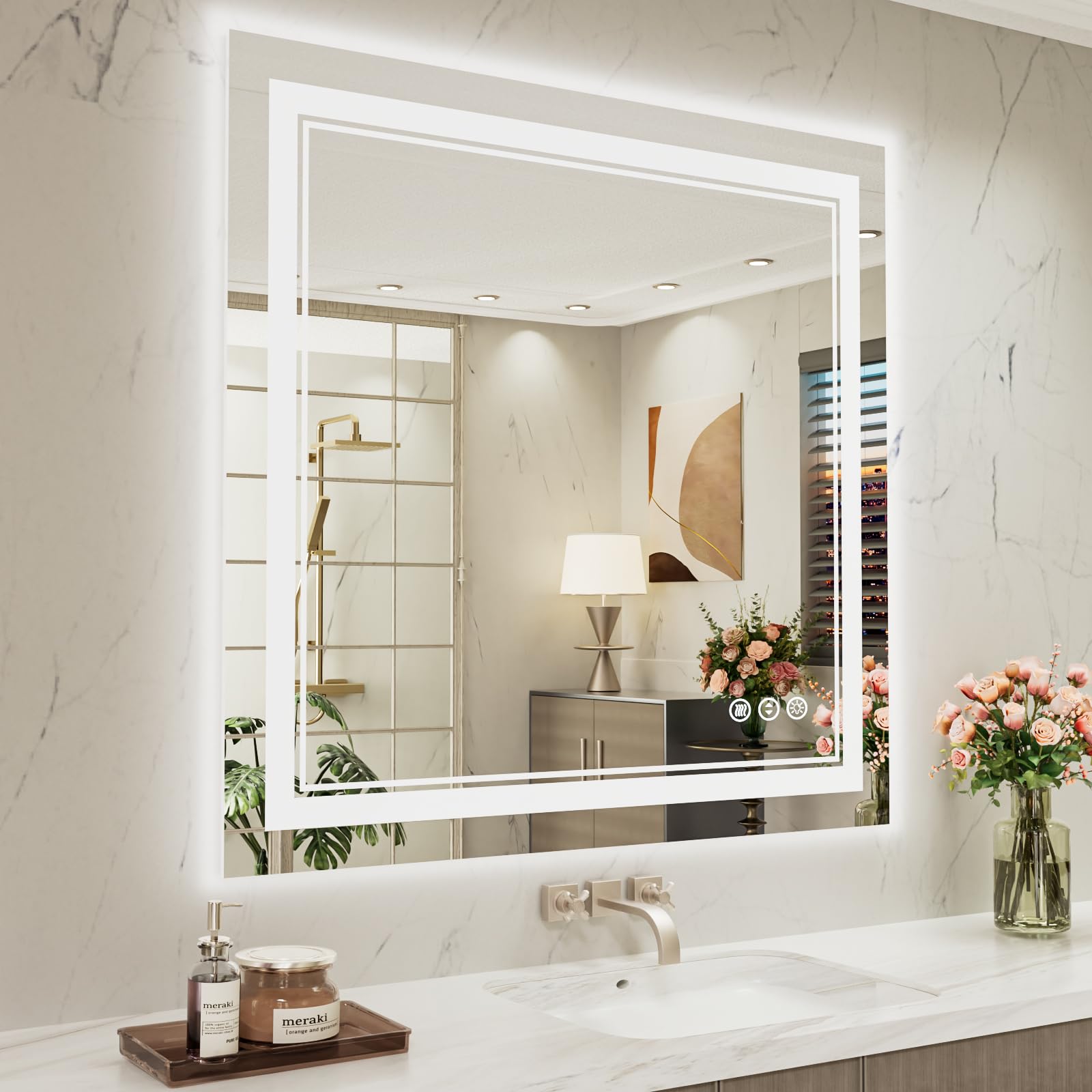 Istripmf 40 X 38 Inch Led Bathroom Mirror, Front Light And Backlit Anti-Fog Dimmable Memory Lighted Vanity Mirror, Shatterproof