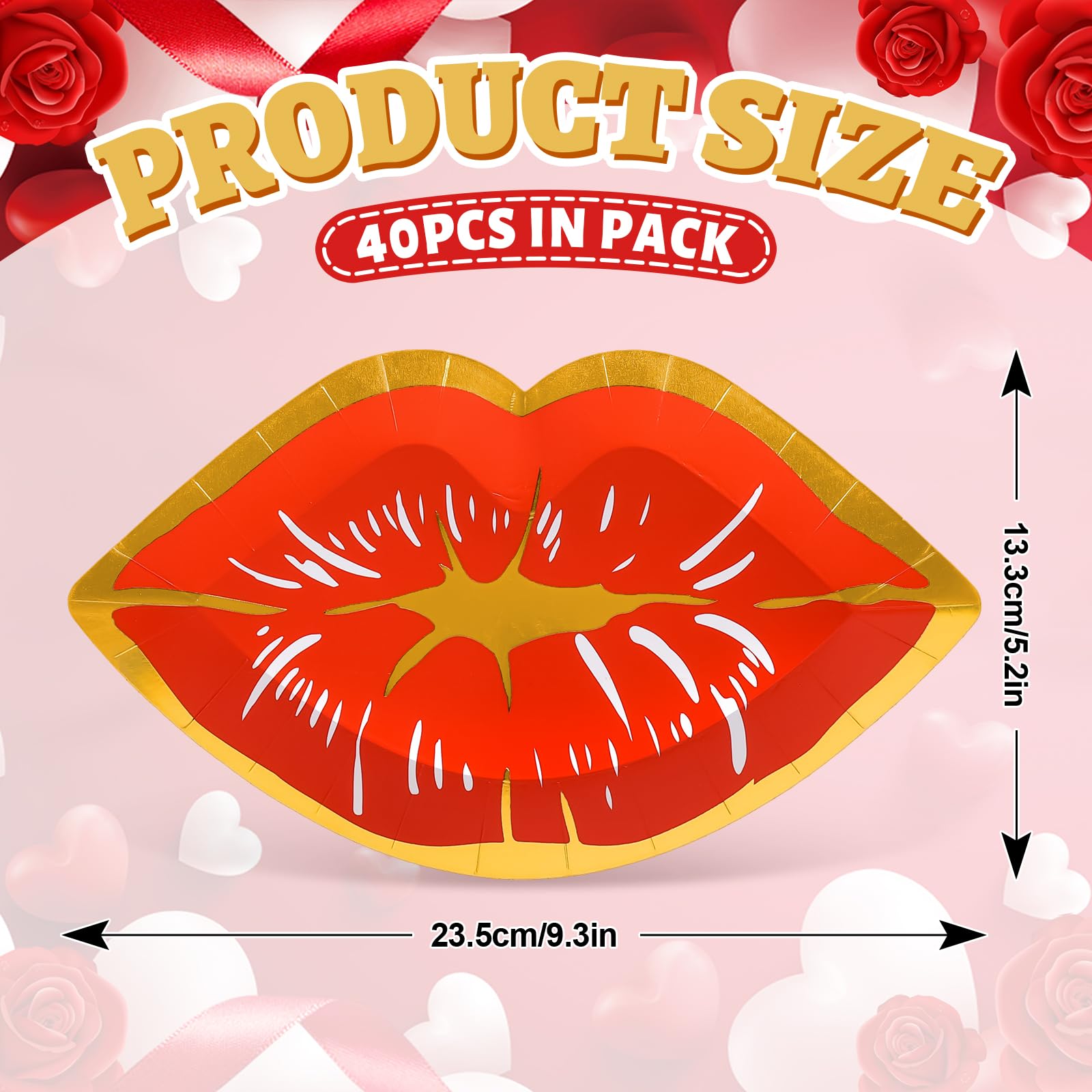 Jarthenaamcs 40Pcs Valentines Day Paper Plates Red Lips Shape Disposable Plates Gold Foil Border Decorative Tableware For Desser