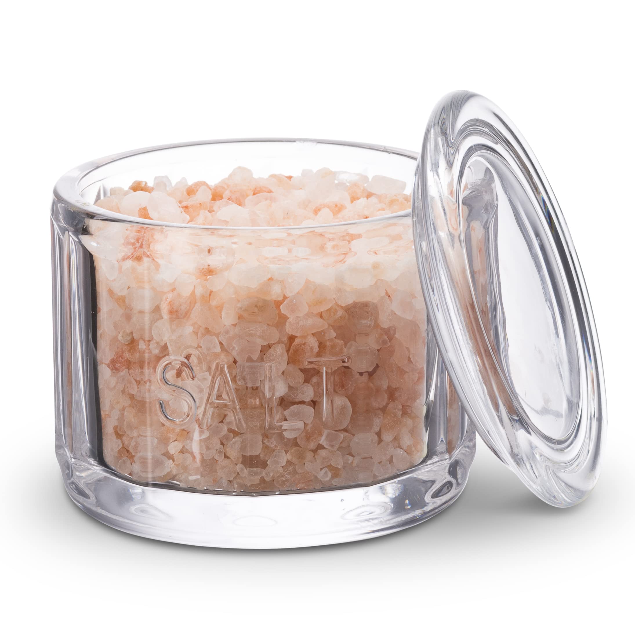 KooK Glass Salt Cellar, with Lid, Embossed Pressed Glass, Clear Storage Container, for Coffee, Sugar, Spices and Candies, Dishwa