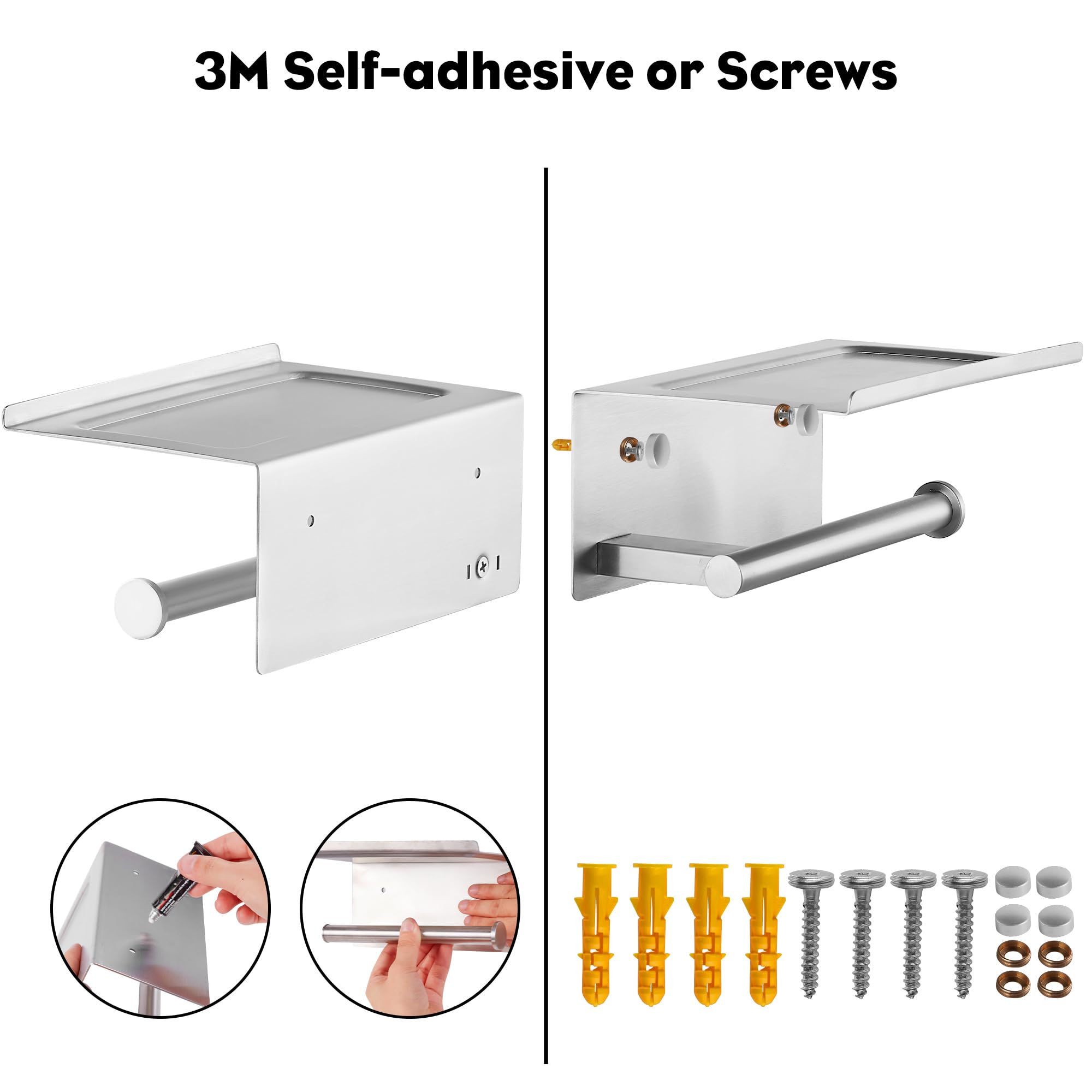 Toilet Paper Holder With Shelf, Wall Mounted Adhesive Holder For Bathroom, Tissue Roll Holder With Phone Storage Shelf, Brushed