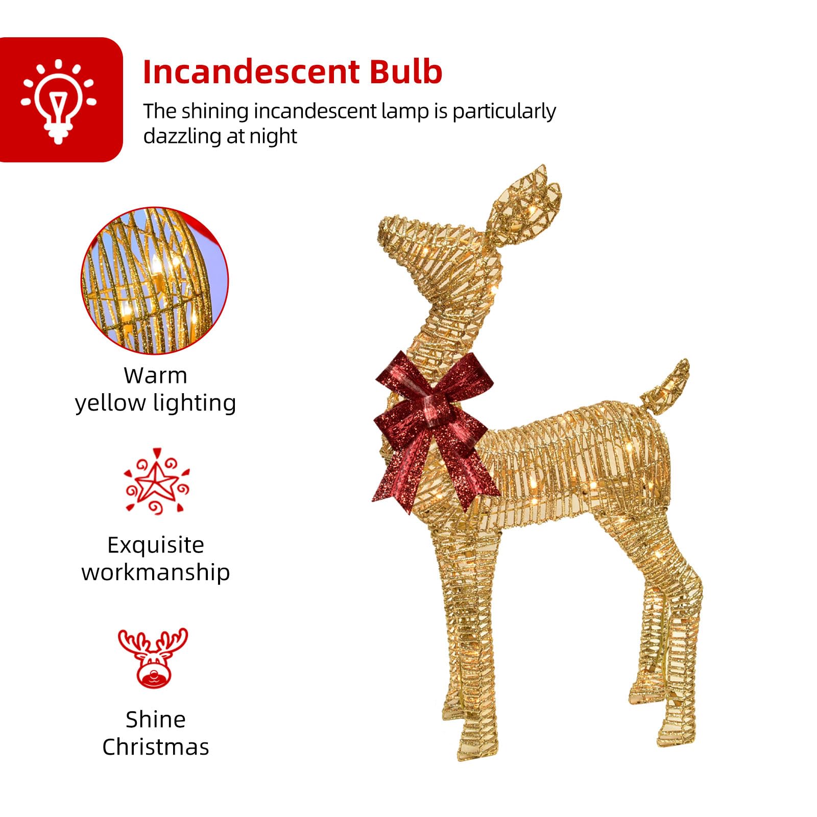 2-Piece Large Lighted Christmas Deer - HOYECHI Outdoor Yard Decoration Rattan Reindeer with 85 LED Lights, Stakes, Zip Ties - Go