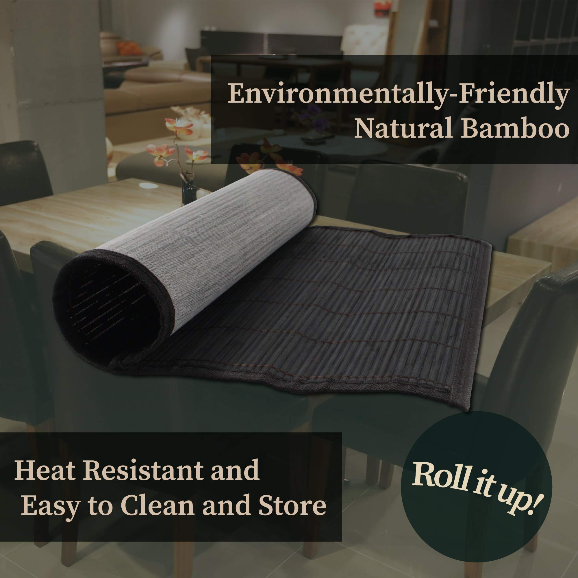 Bamboomn Bamboo Slats Placemat With Fabric Border - Solid Color Print - 18'' X 13'' - Black, 8 Pcs