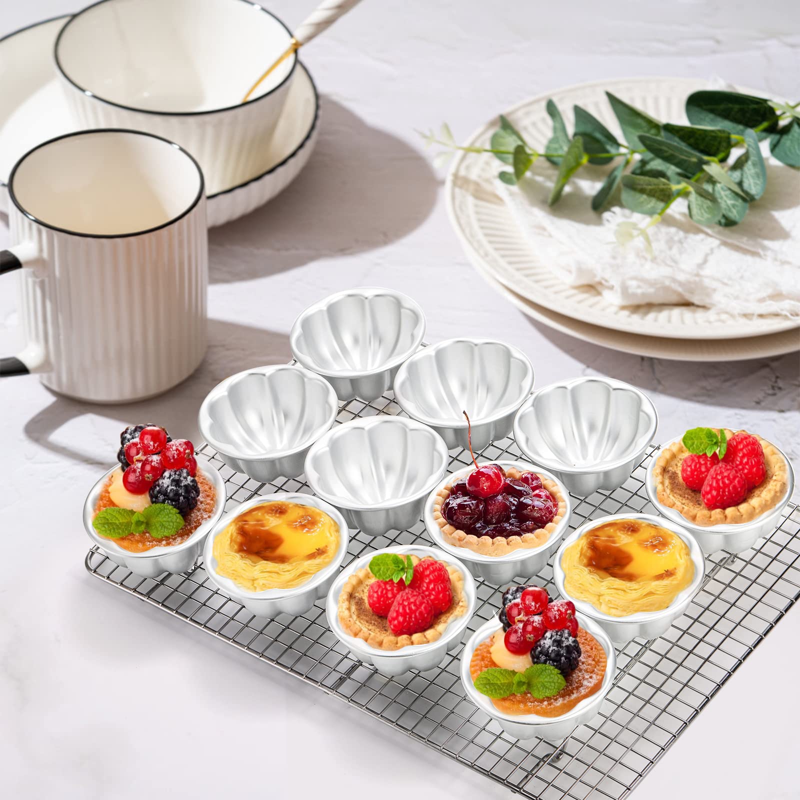 Mezchi 12 Pack Egg Tart Molds, Aluminum Alloy Pudding Jelly Molds, Reusable Cake Tartlets, Cupcake And Muffin Cups For Baking, F