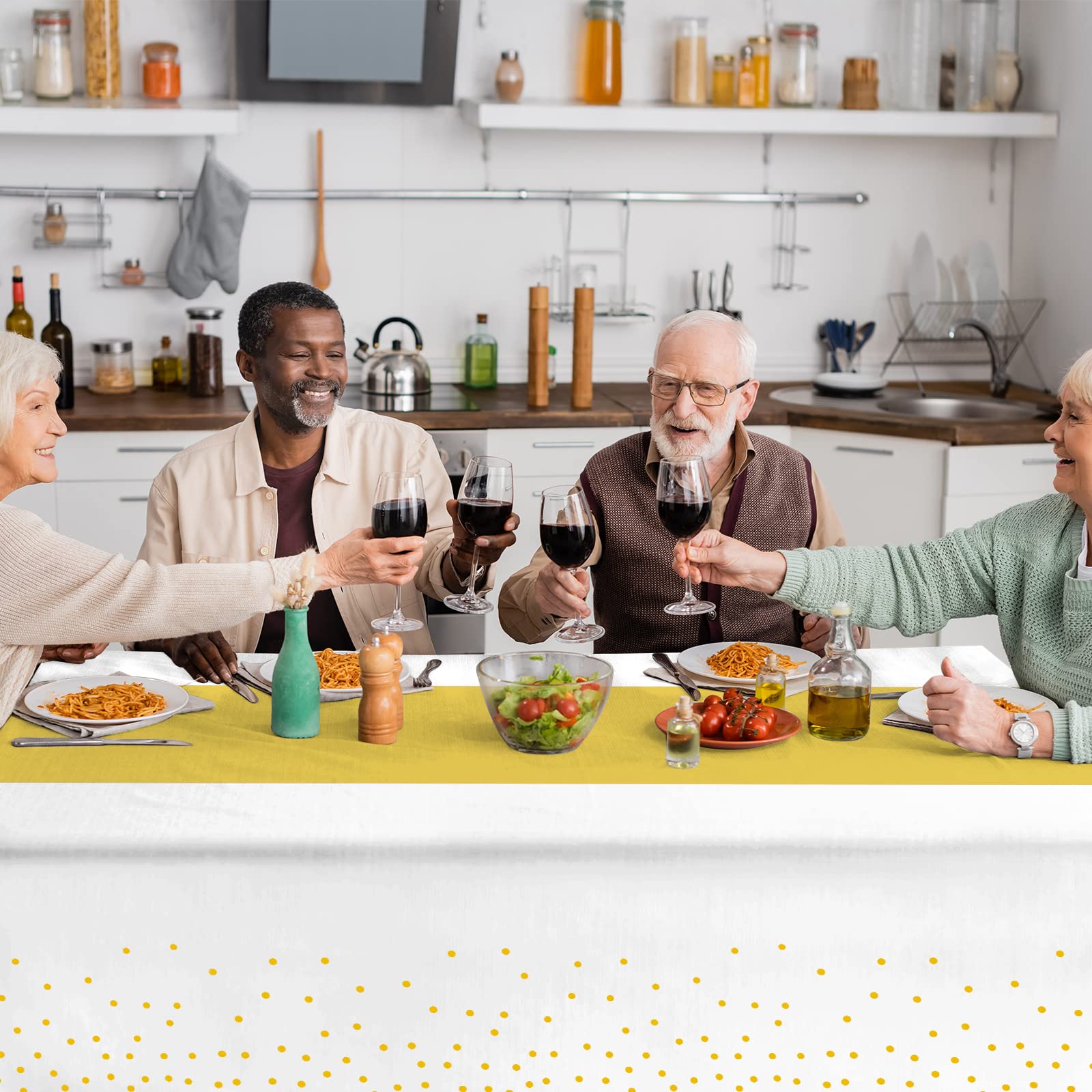 8Pack Disposable Plastic Tablecloths And Satin Table Runner Set White And Gold Dot Tablecloth Gold Satin Table Runner For Weddin