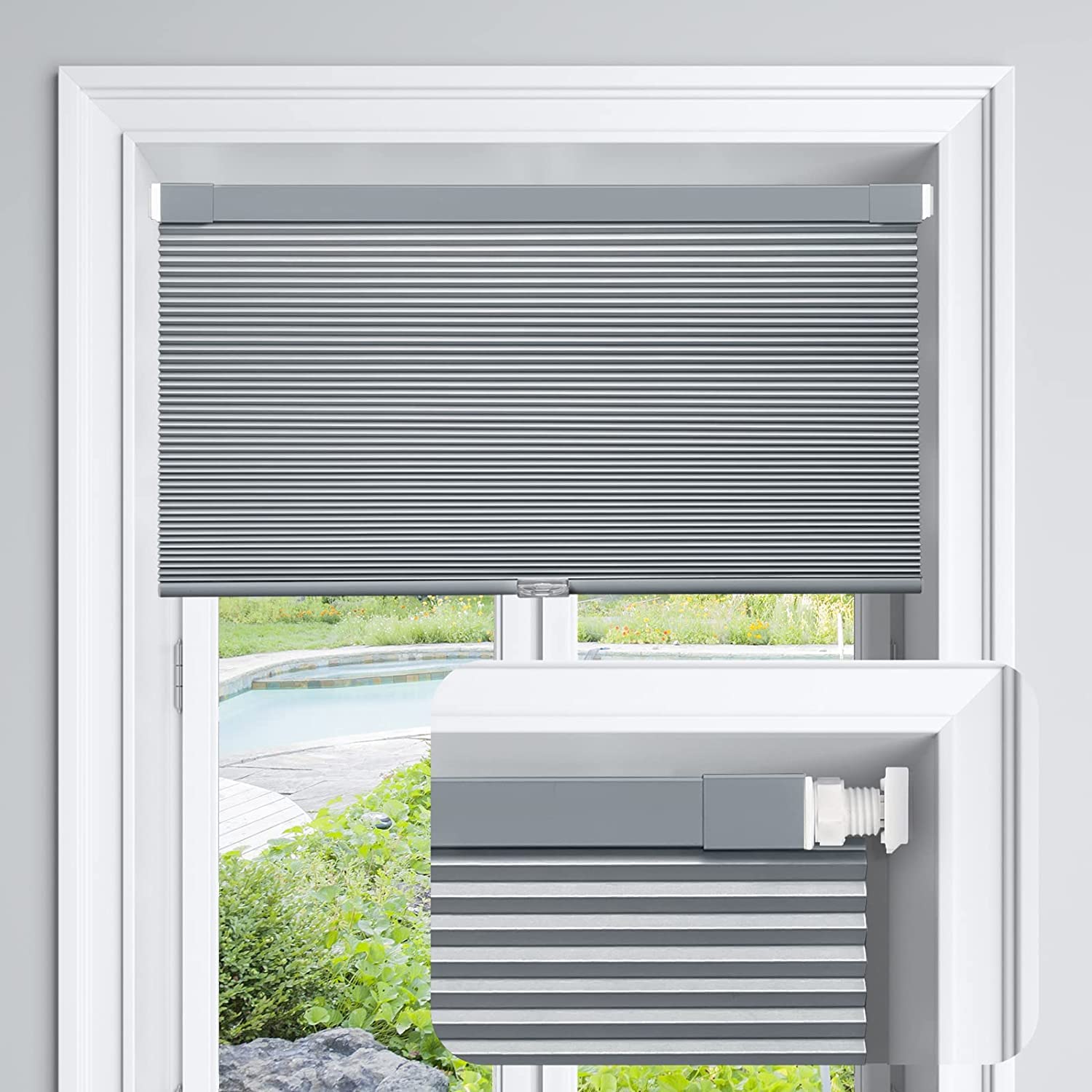LazBlinds Cordless Cellular Shades, No Tools No Drill Blackout Honeycomb Shades Pleated Blinds for Windows, 32  W x 64  H, Dark 