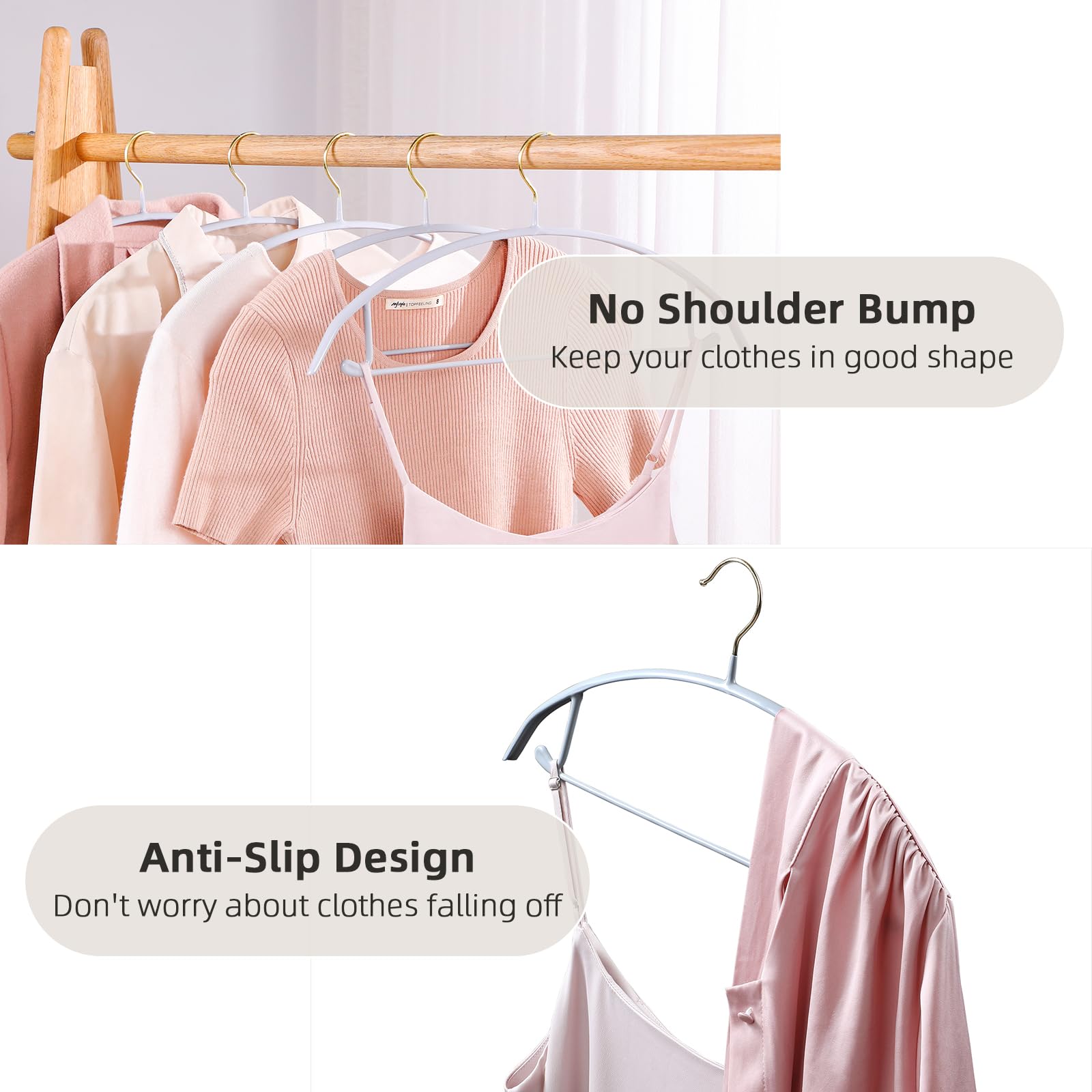 Mopall No Shoulder Bump Sweater Hangers 20 Pack Non Slip And Space Saving, Heavy Duty Clothes Hangers With Nano-Dipped Rubber Co