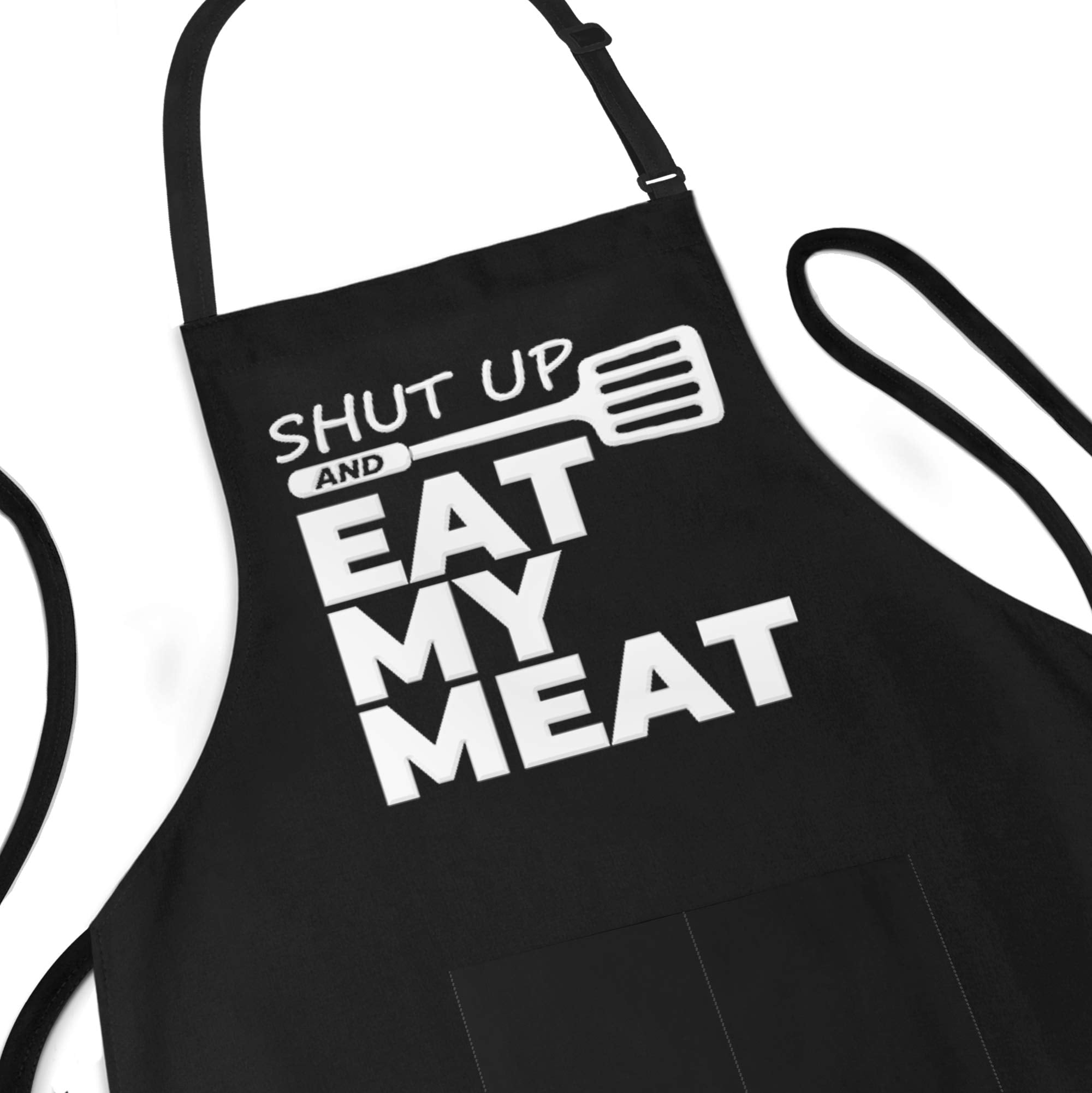 Funny Bbq Apron For Men - Shut Up And Eat My Meat - Adjustable Large 1 Size Fits All - Poly/Cotton Apron With 2 Pockets - Bbq Gi