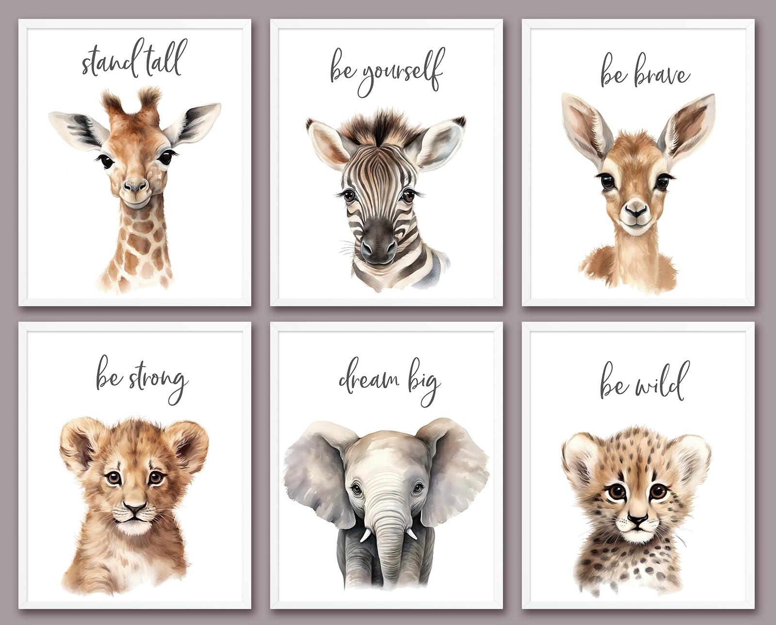 6 Pcs Cartoon Animals Wall Art Nursery Decor Cute Giraffe Leopard Zebra Deer Elephant Inspirational Wall Decor Unframed Posters