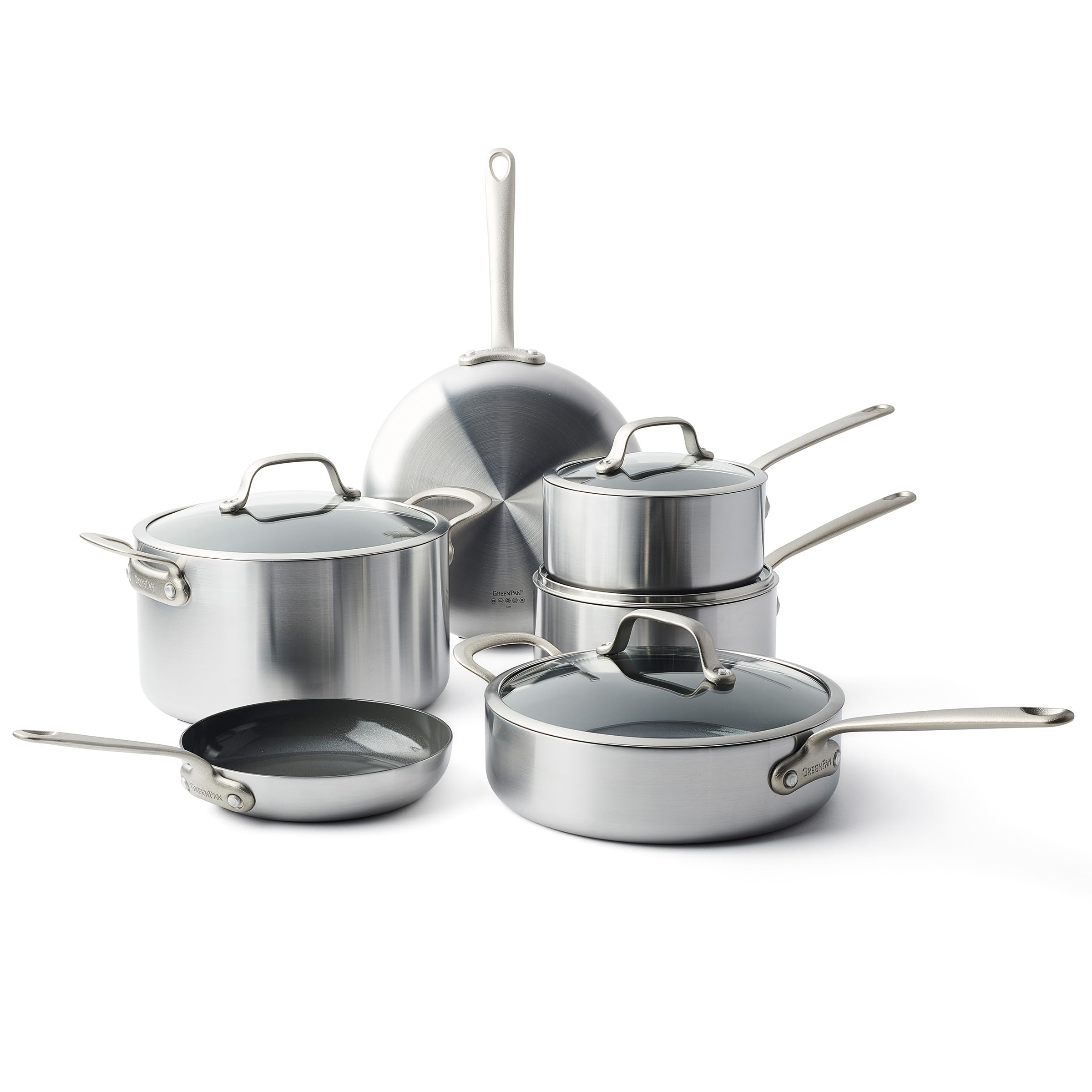 GreenPan Craft Steel 10Piece Cookware Set with Bonus Pan Protectors, Silver