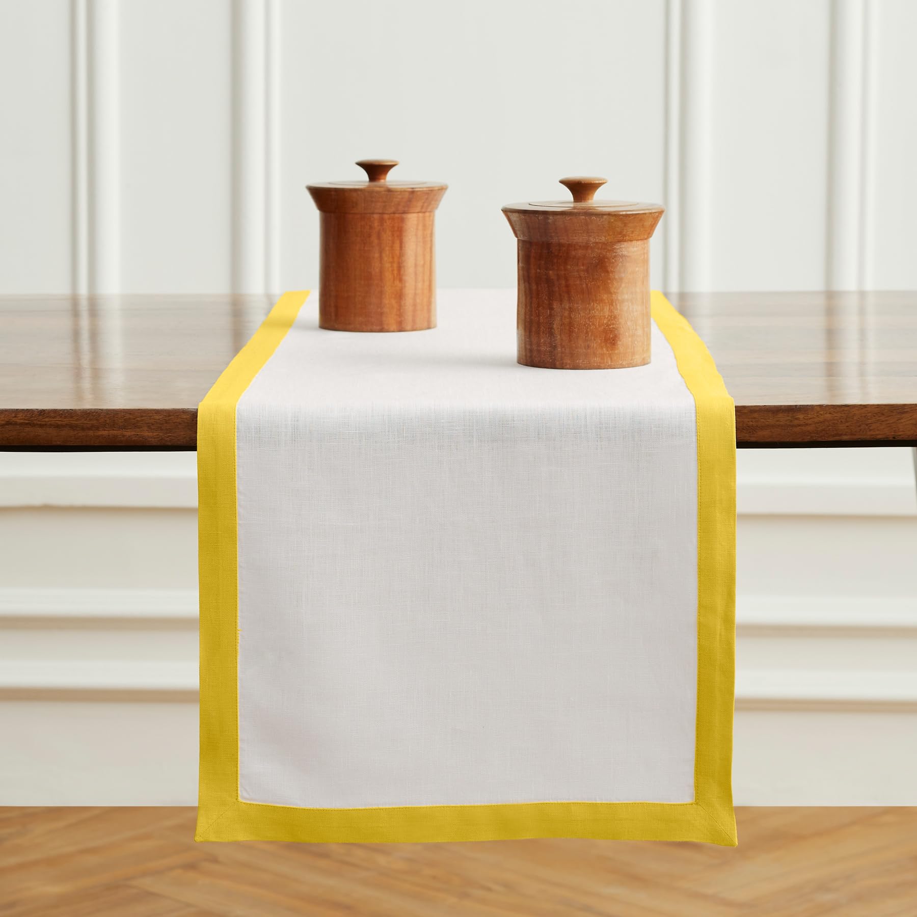 Solino Home Linen Table Runner 90 Inches Long - Classic, 100% Pure Linen Sunshine Yellow And White Table Runner 14 X 90 Inch Ide