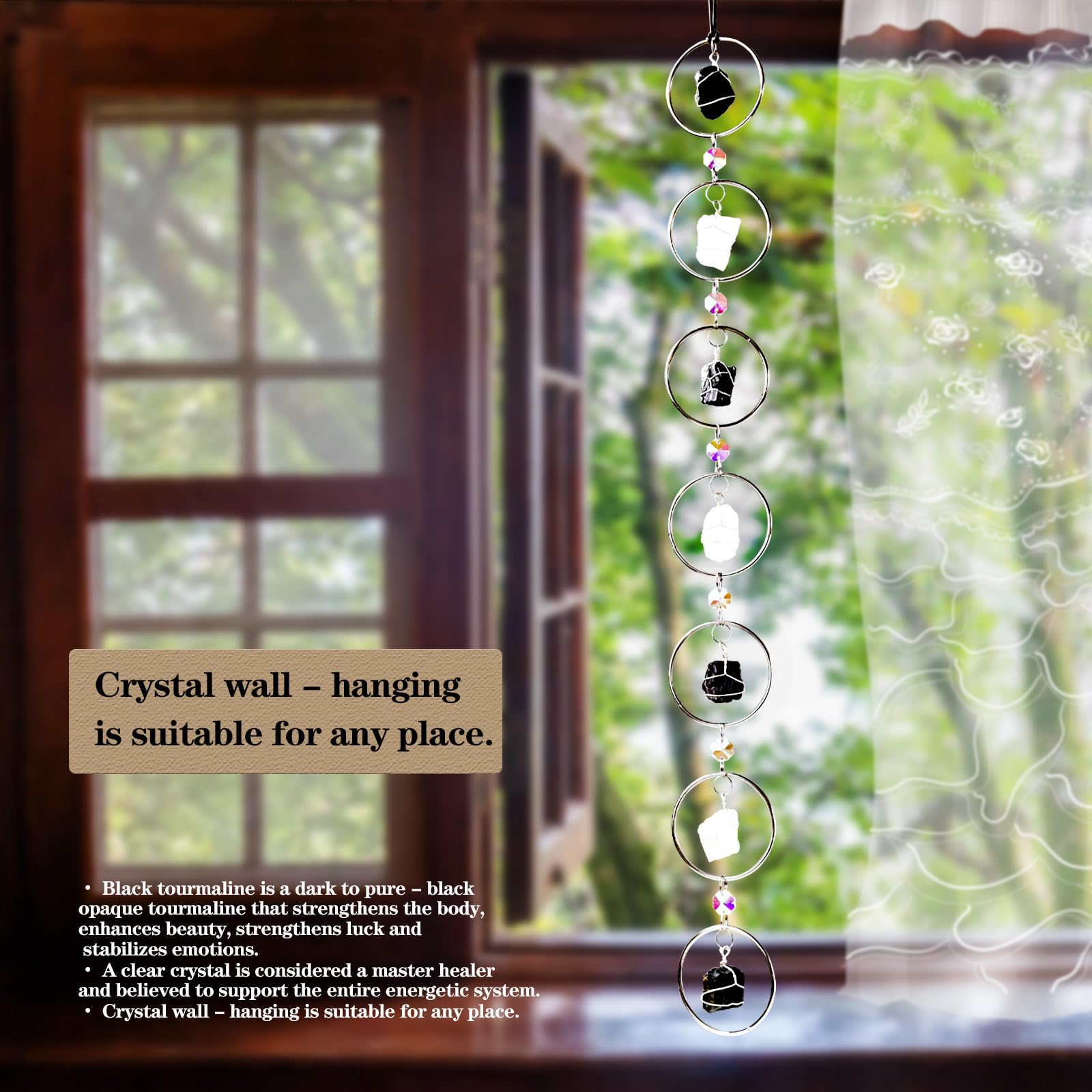 Black Tourmaline Natural Gemstone Wall Hanging - Round Crystal Sun Catcher for Windows, Boho Spiritual Home Decor, Healing Energ