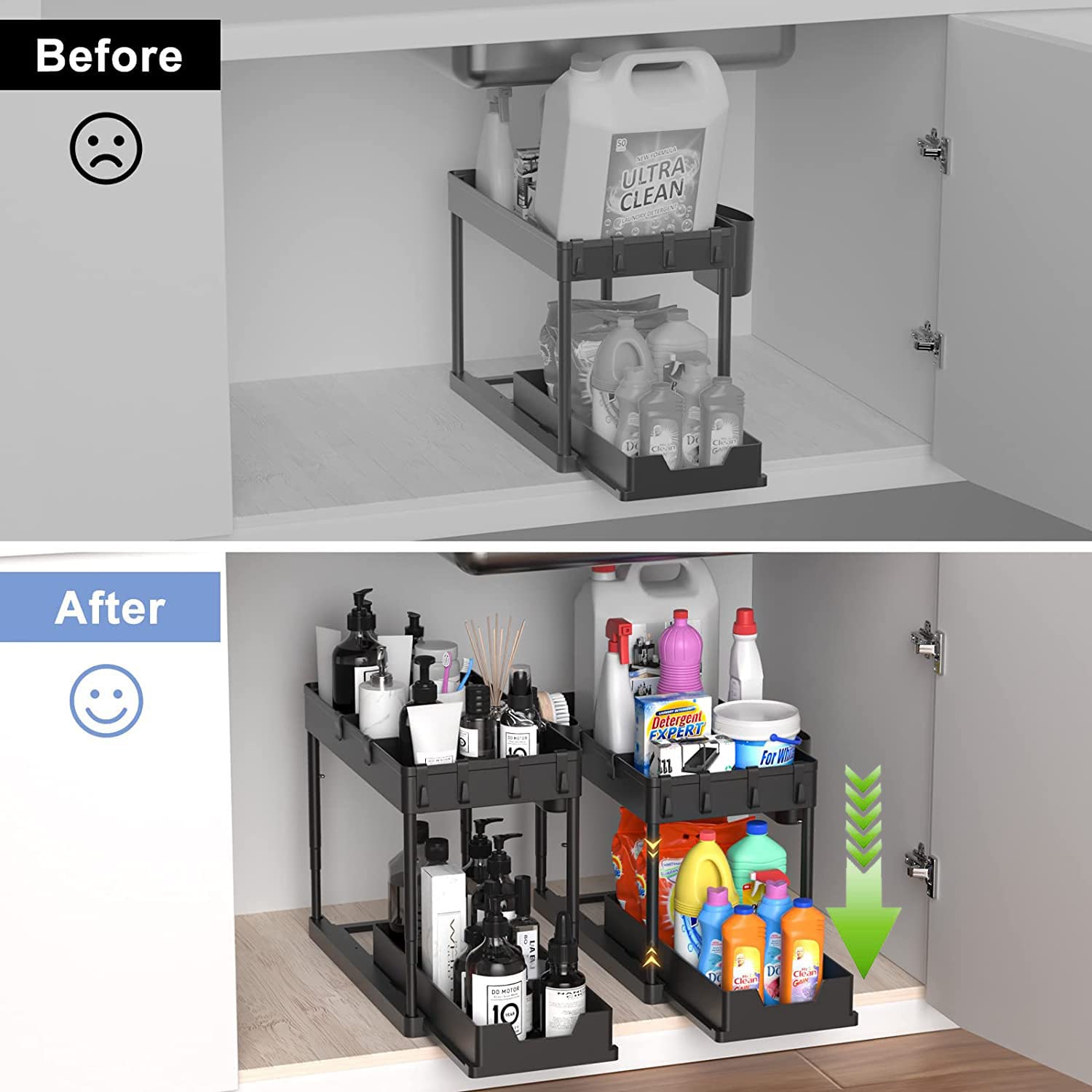Under Sink Organizers And Storage, 2 Tier Black Bathroom Cabinet Organizer With 4-Height Adjustable Telescopic Tube,4 Removable