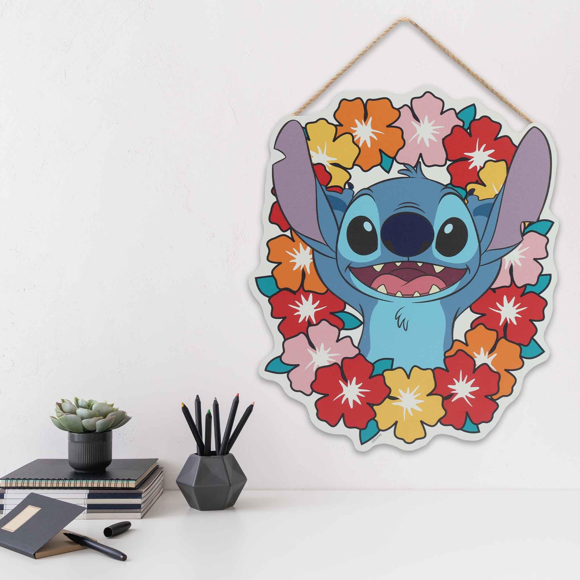 Disney Lilo and Stitch Floral Lei Hanging Wood Wall Decor - Cute Stitch Sign for Home or Beach House