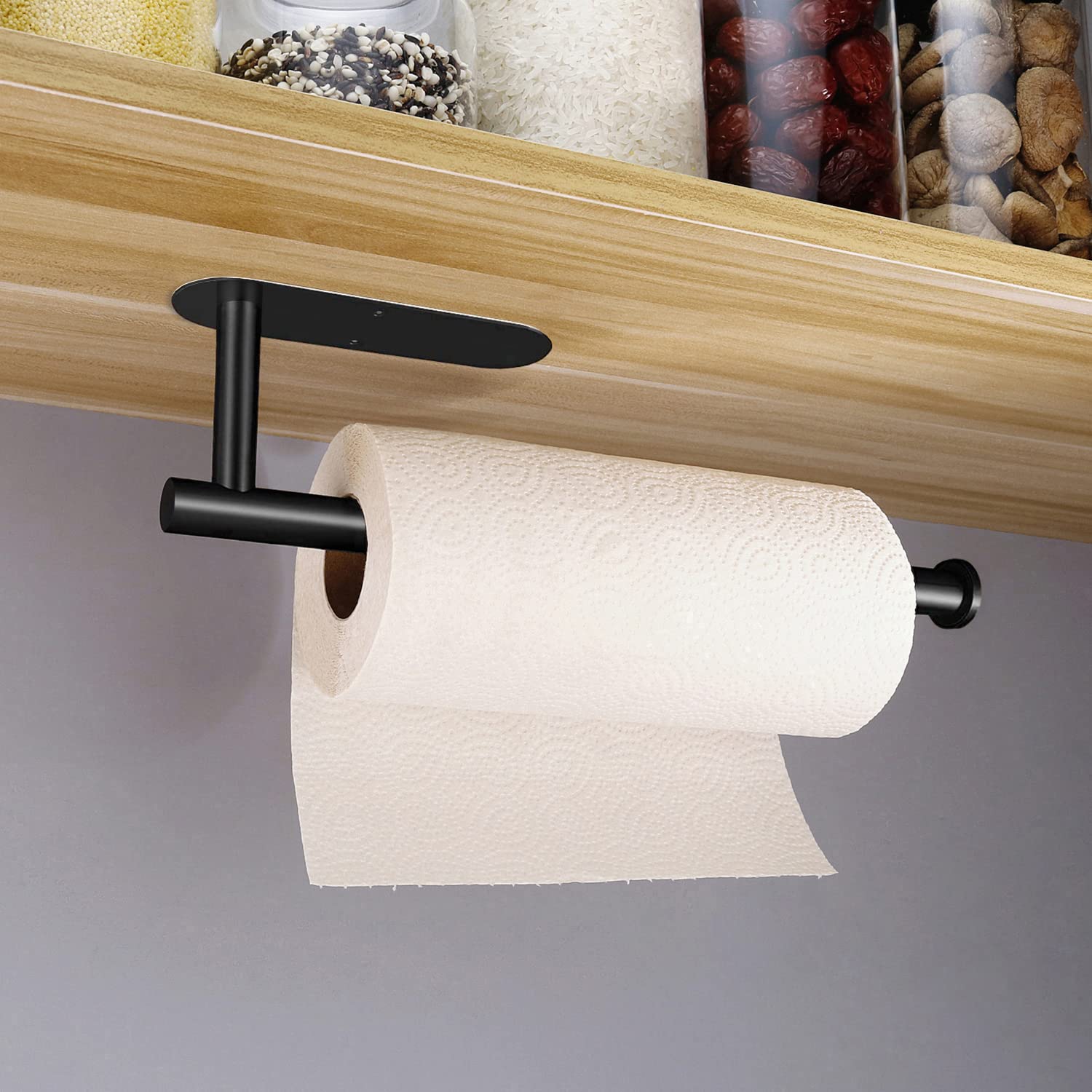 Paper Towel Holder Under Cabinet - Self Adhesive Paper Towel Roll Holder Wall Mount  Matte Black Stainless Steel Towel Paper Holder for Kitchen  Bathroom  Cabinets (2 Pcs)