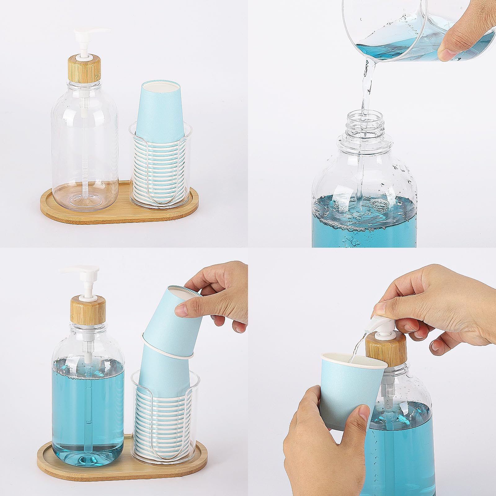 Mouthwash Dispenser With Cup Holder, Plastic Mouth Wash Pump Bottle With Tray For Bathroom Organizers, 17Oz Refillable Clear Mou