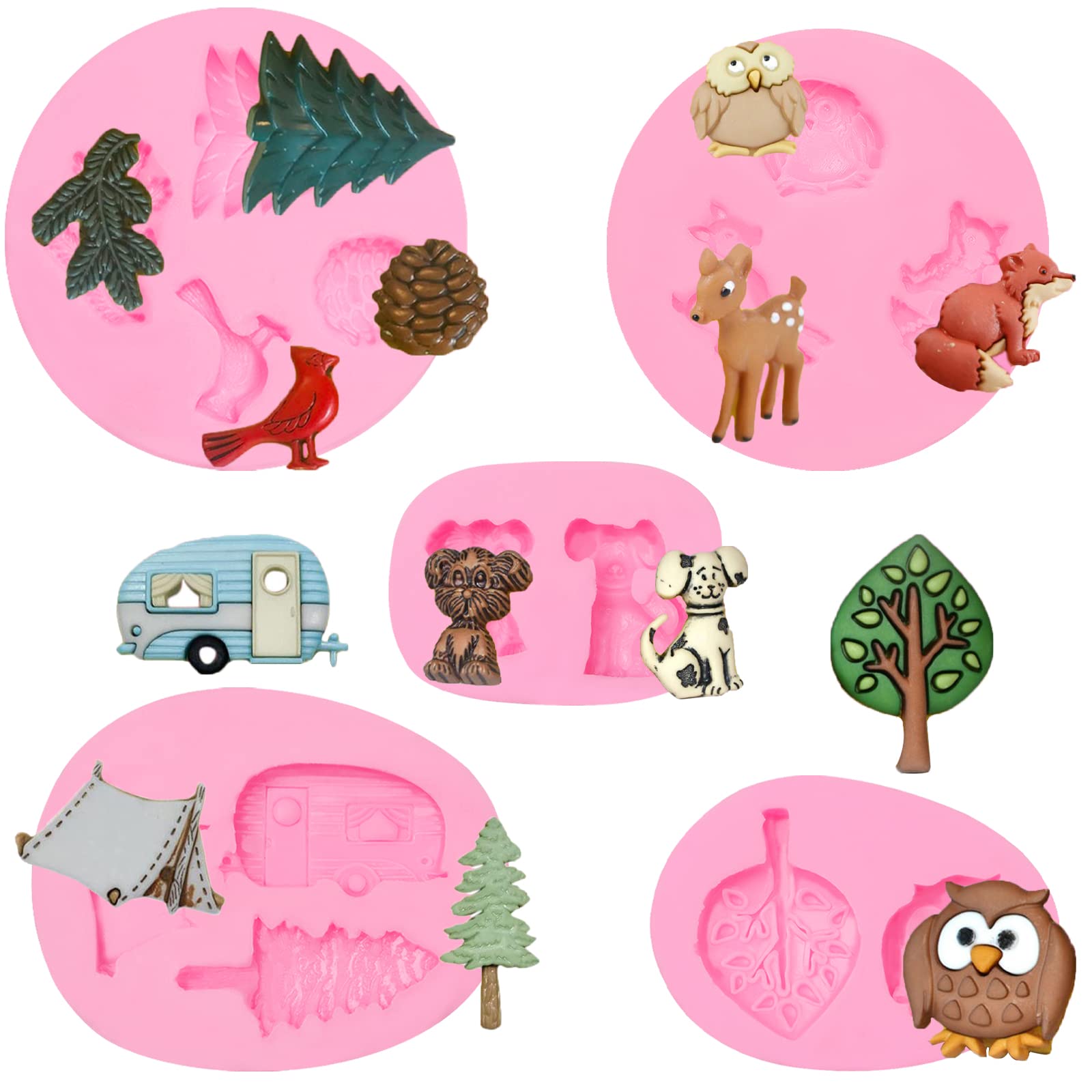 Camping Tent Car Silicone Molds 5 Pcs, Animal Tree Chocolate Fondant Mold For Cake Decoration, Candy Sugar, Cupcake Topper, Cake