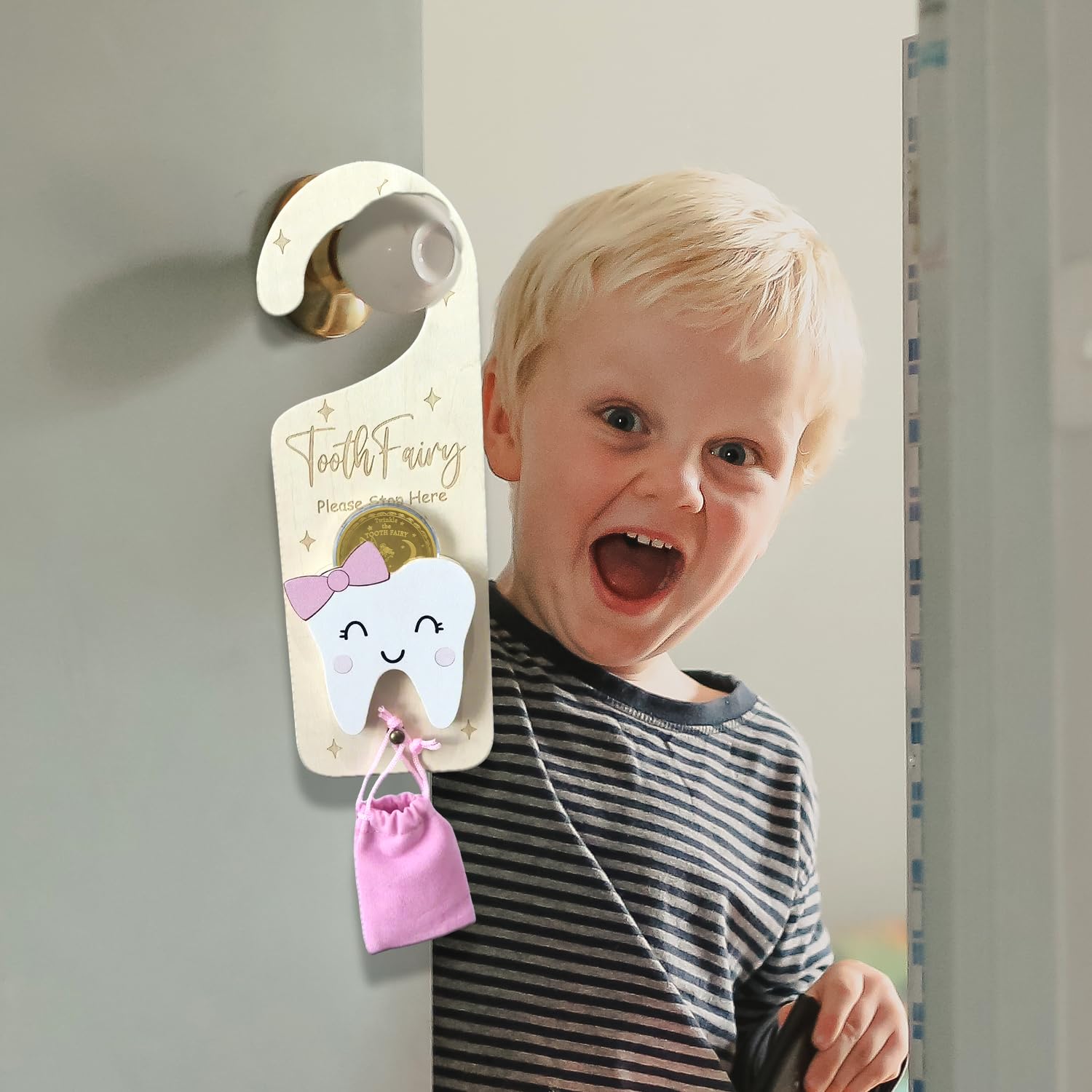 Tooth Fairy Door Hanger, Wooden Tooth Fairy Money Holder with Tooth Coins for Lost Tooth Kids Gifts (Pink-2)